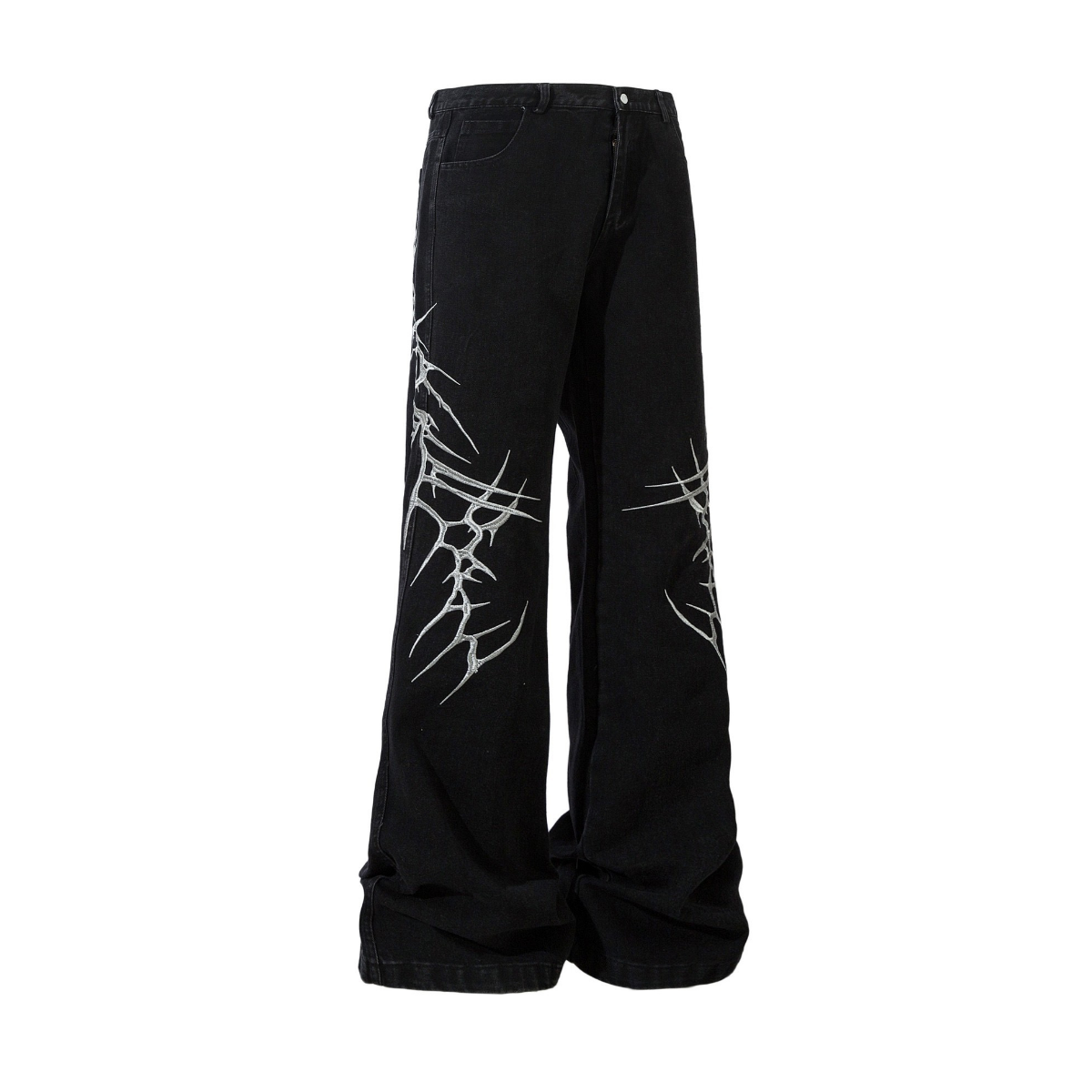 Front view of black wide-leg denim jeans with silver lightning crack graphic print on both legs