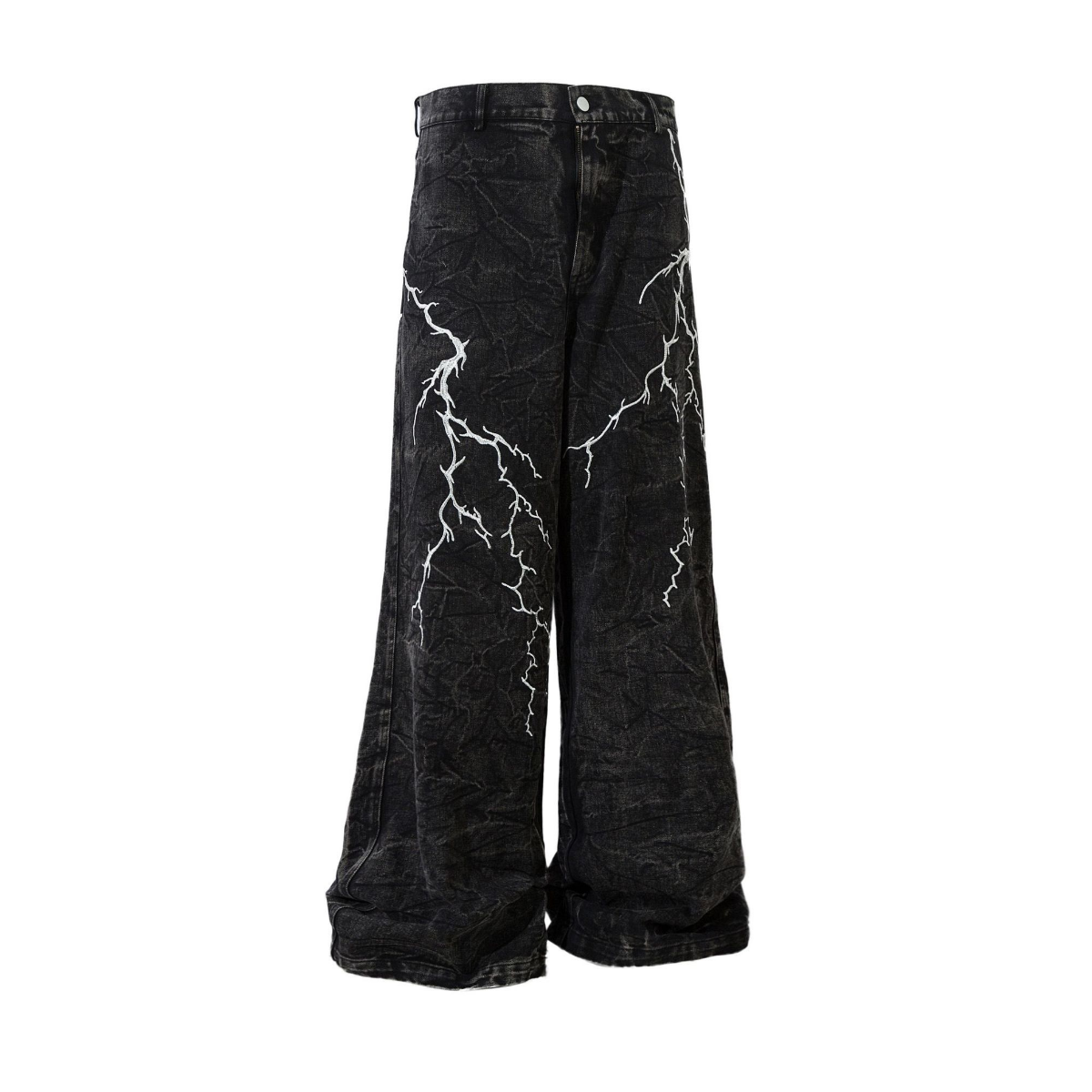 Black crinkle-wash wide-leg jeans with white embroidered lightning bolt graphics on the front, shown flat on white background