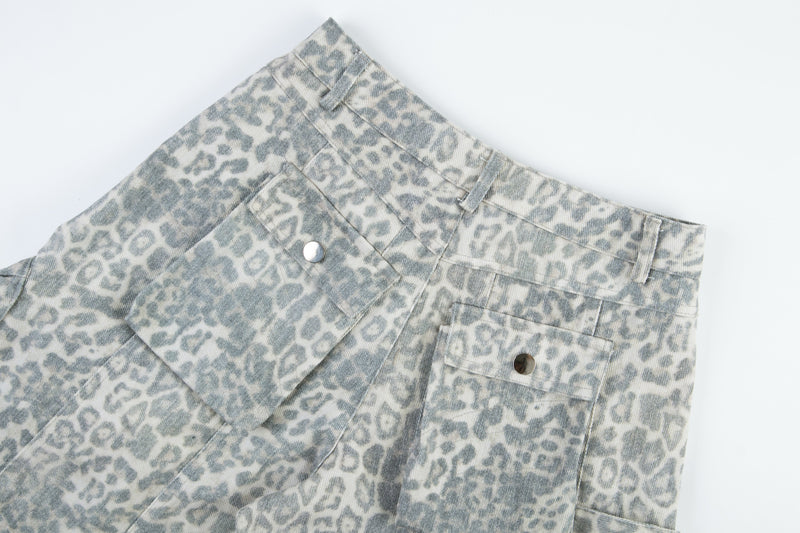 Leopard Print Utility Wide-Leg Cargo Pants with Rivets