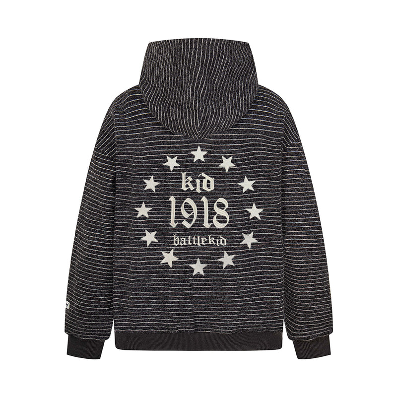 Back view of black striped knit zip hoodie with white Battlekid 1918 star graphic