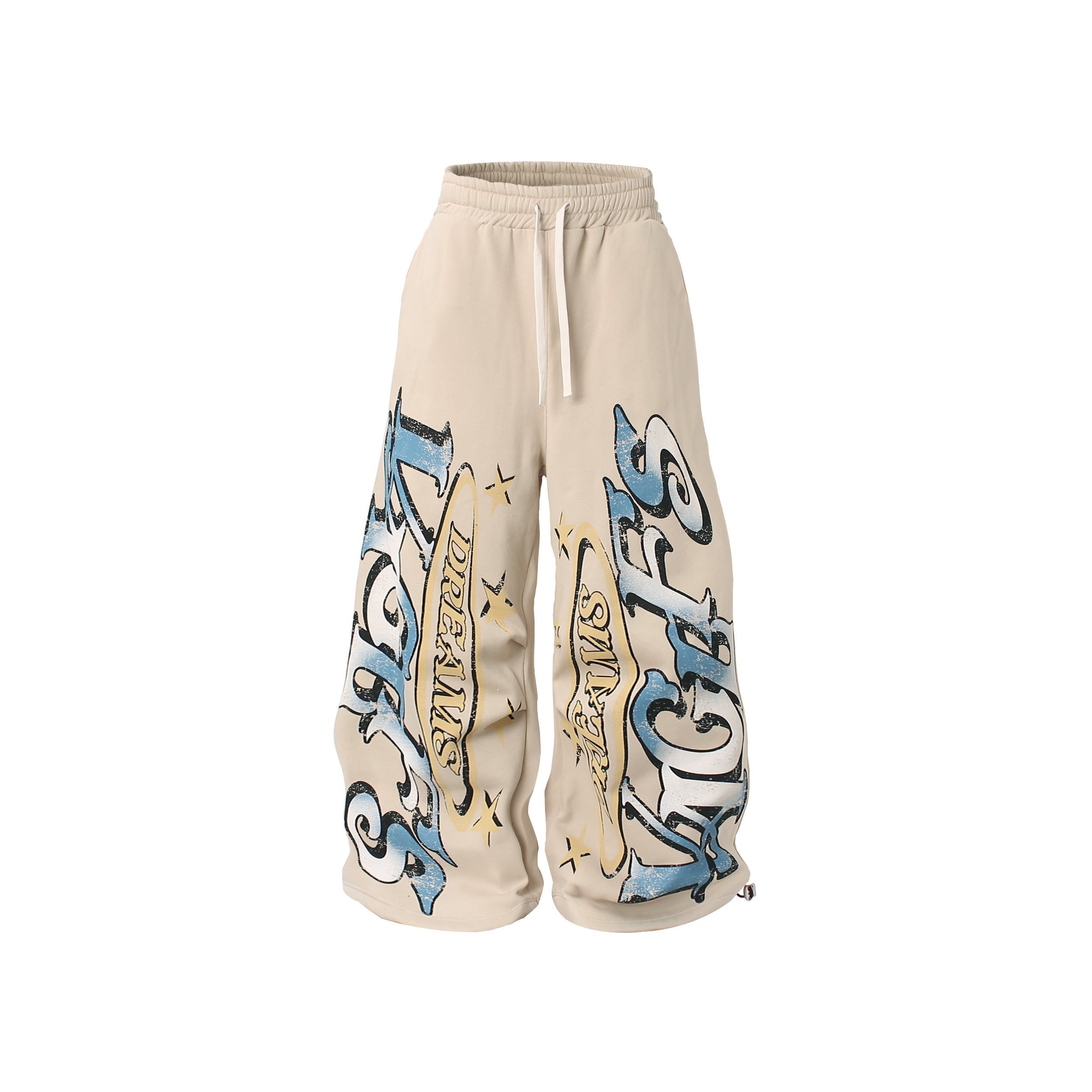 Cream wide-leg sweatpants with distressed blue and yellow vintage letter graphic print on both legs, front view