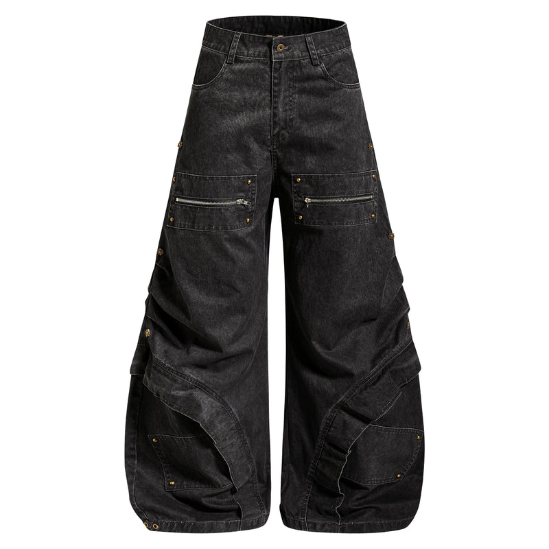 Multi-Zip Panel Cargo Denim Pants | Wide-Leg Streetwear