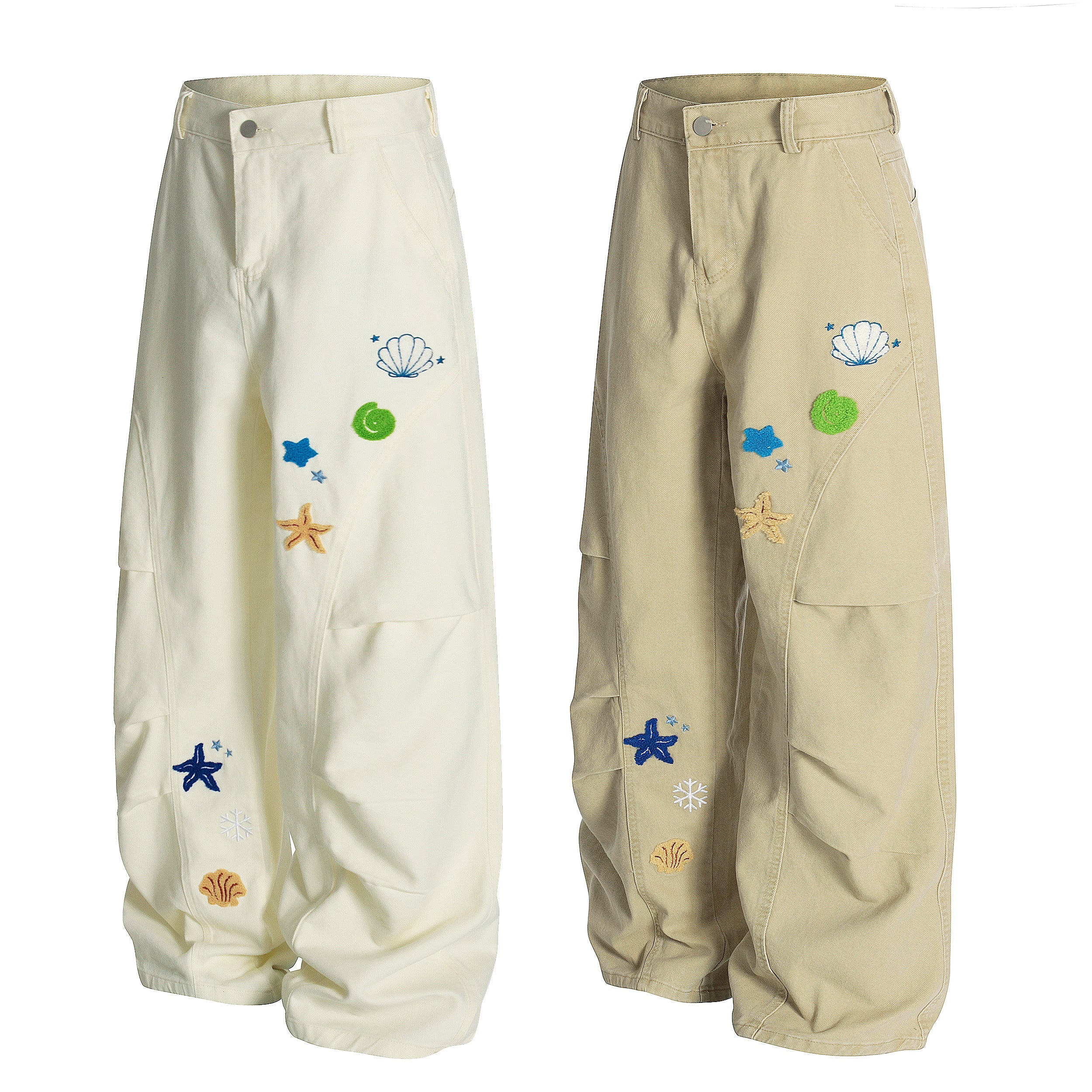 Sea Shell Embroidered Wide-Leg Cargo Pants | Coastal Streetwear