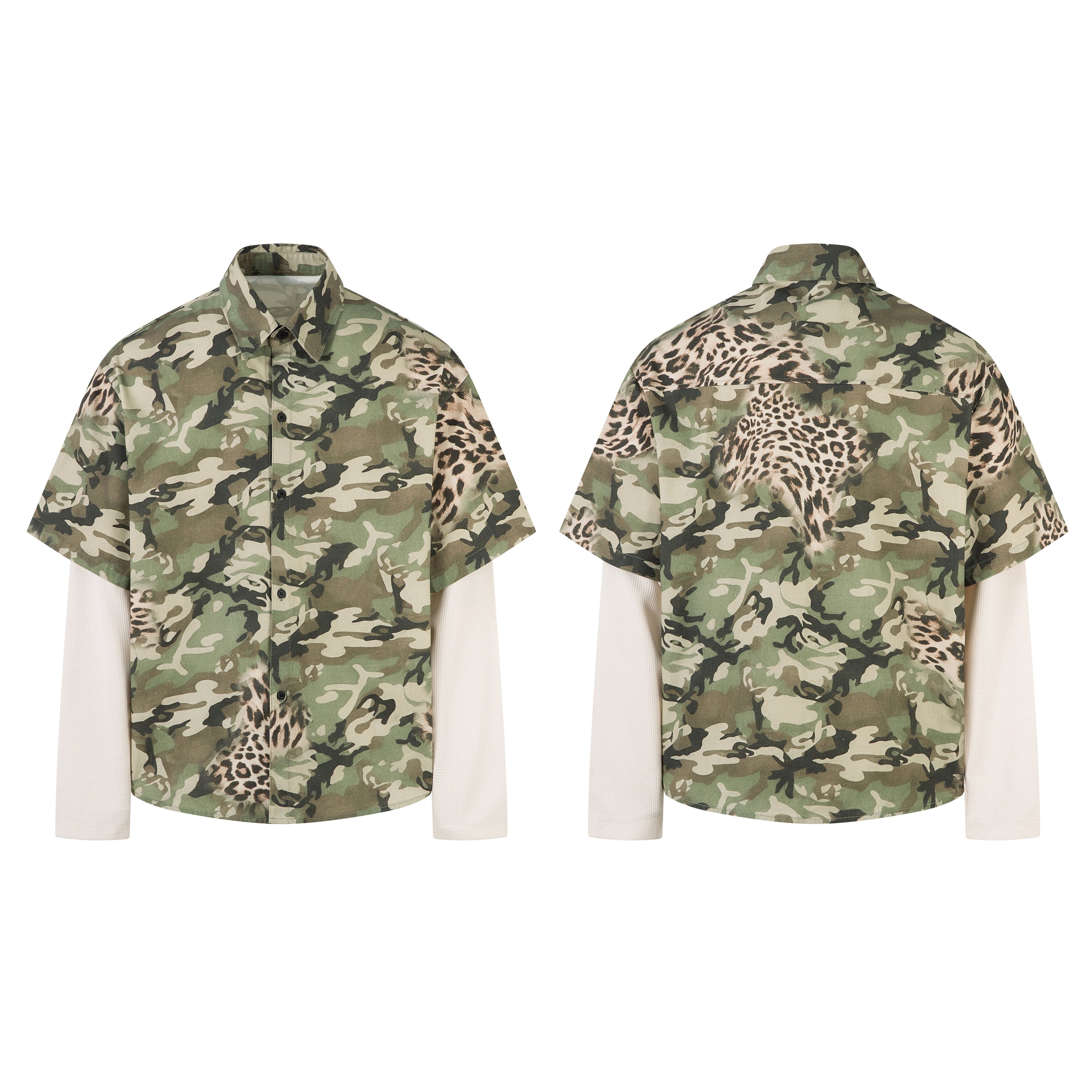 Front and back view of a men's camo and leopard print short-sleeve shirt with cream waffle-knit integrated long sleeves