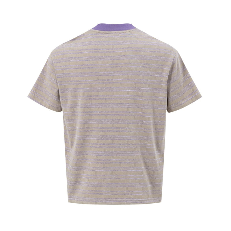 Vintage striped ringer T-shirt in beige with lilac collar and fine horizontal stripes, shown from the back on a white background
