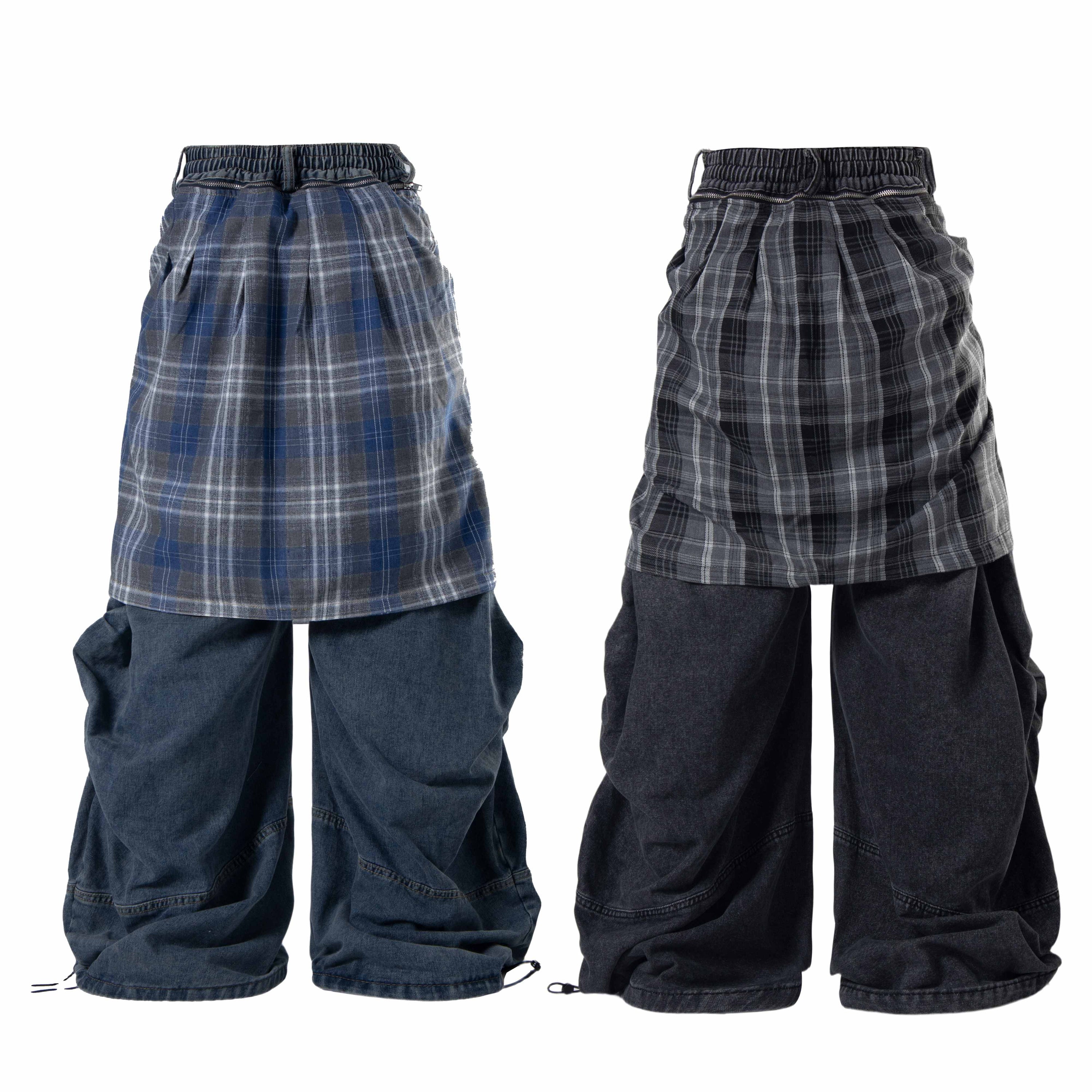 Omirad Layered Plaid Baggy Jeans | Y2K Wide-Leg Denim