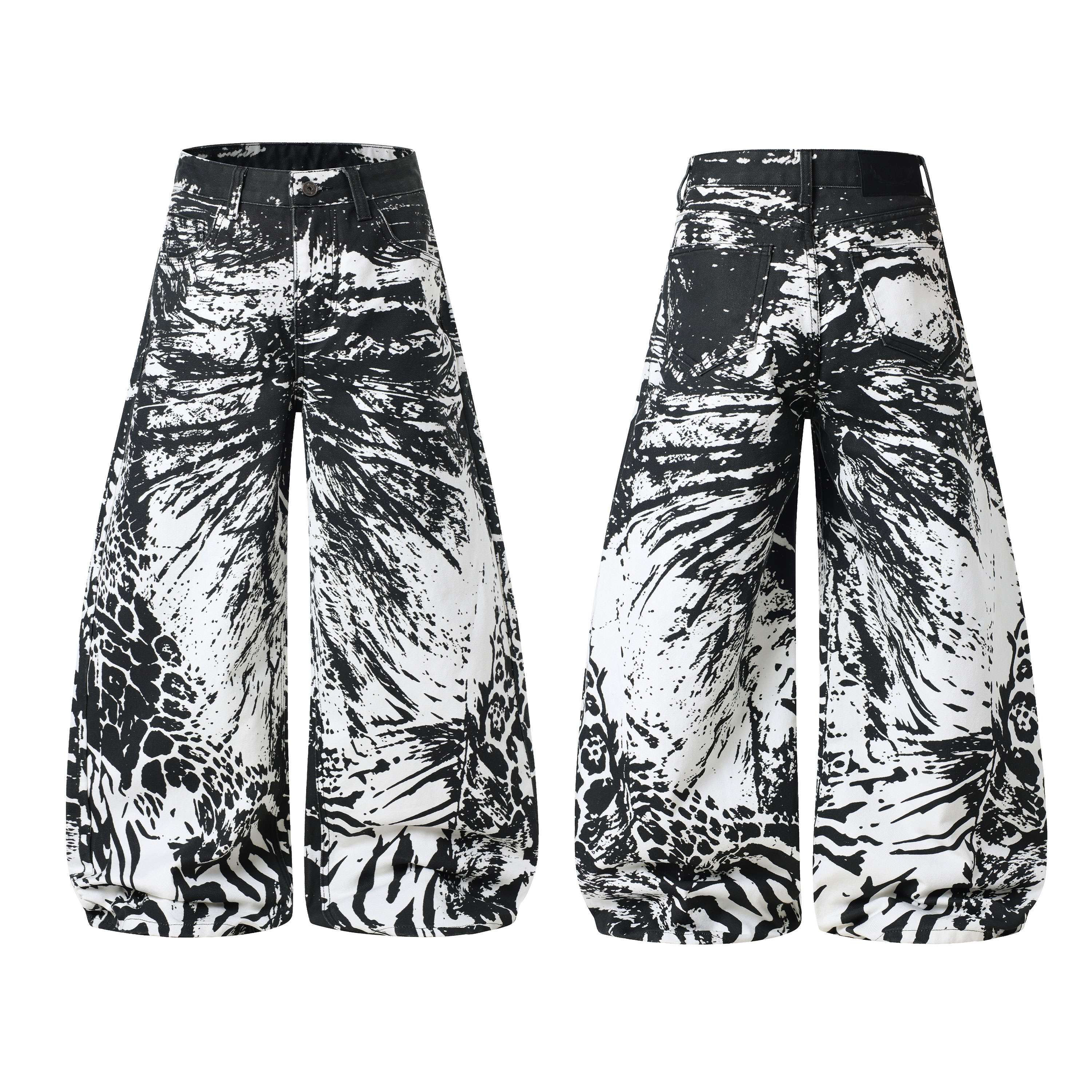 Front and back view of black and white animal print wide-leg oversized jeans with mixed leopard and zebra graphic print