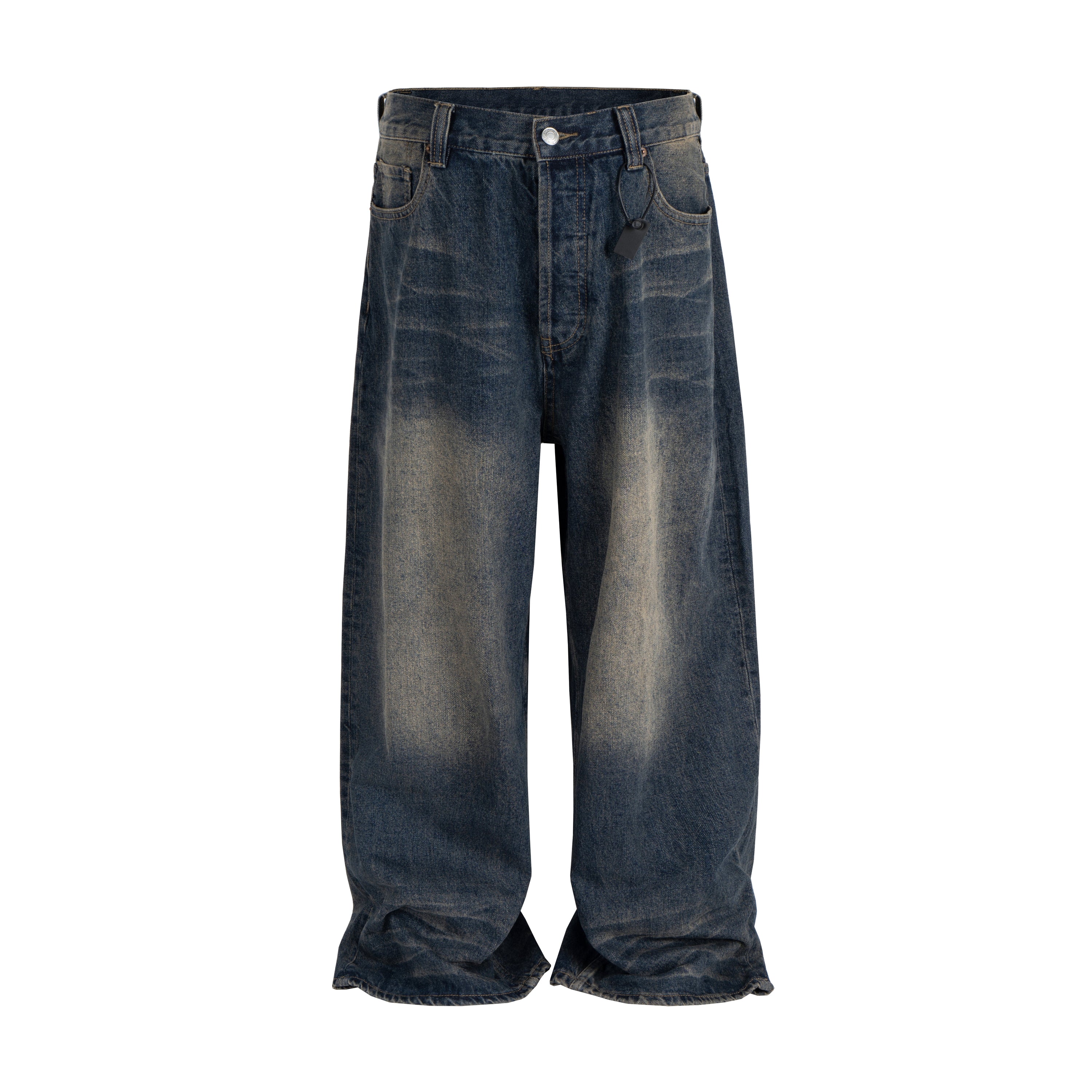 Front view of wide-leg distressed indigo denim jeans with hand-faded vintage wash and stacked hem