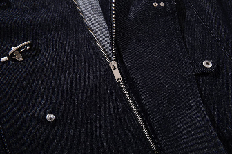 Men's Dark Indigo Denim Jacket with Metal Buckle Detail