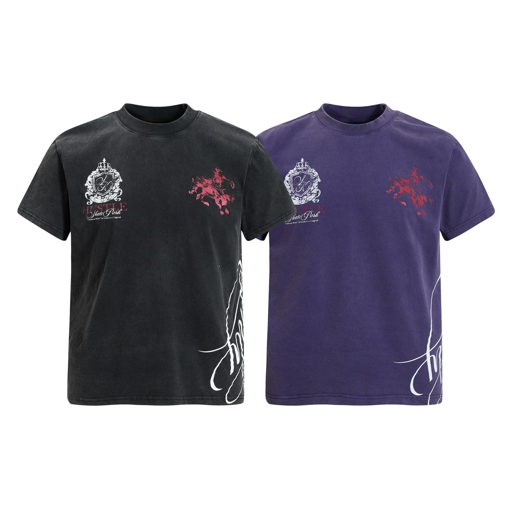Omirad Heritage Crest Washed Tee in black and navy, showing crest graphic, red horse motif and side script detail