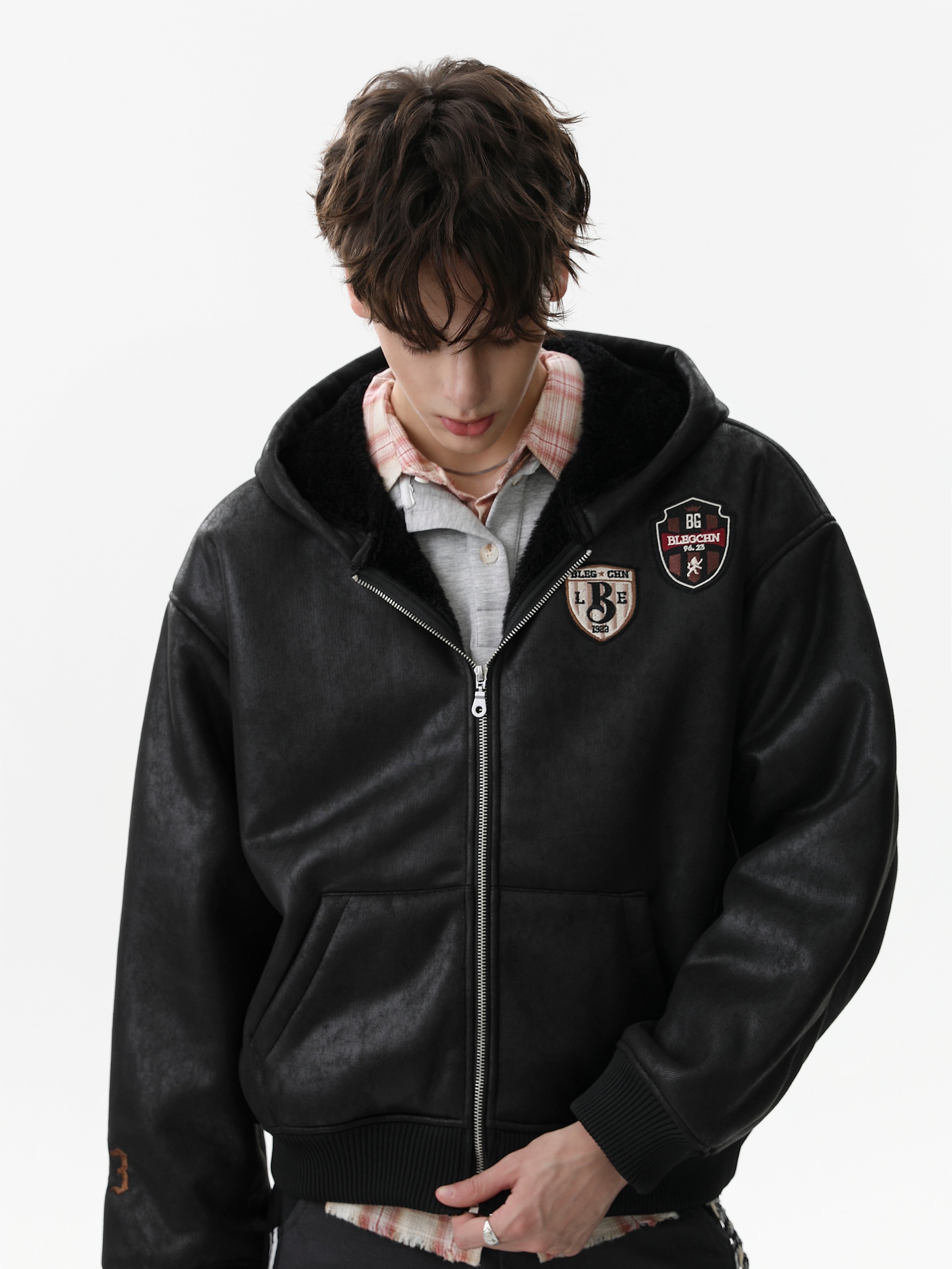 Omirad Badge PU Leather Hooded Varsity Jacket