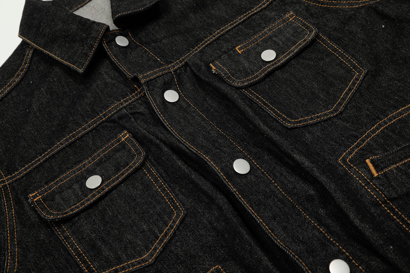 Omirad Raw Black Cropped Denim Jacket | Contrast Stitch