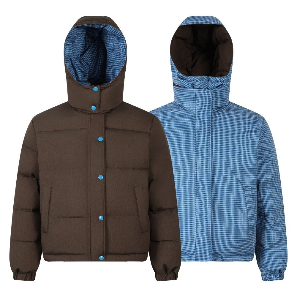 Reversible hooded puffer jacket shown in dark brown with blue snap buttons and blue micro-check lining on the reverse side