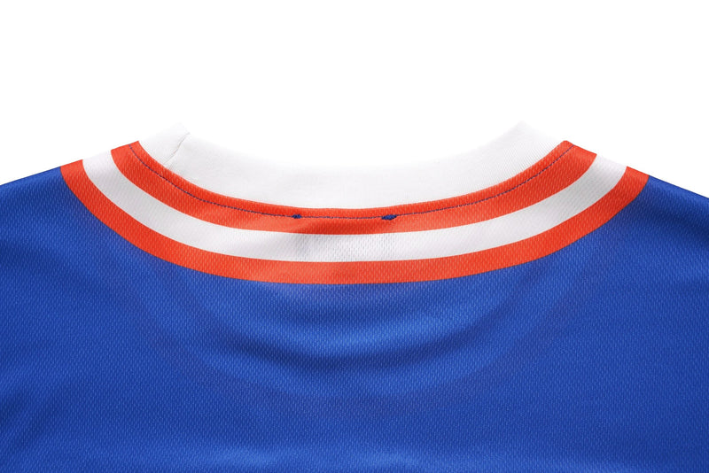 Blue mesh crop jersey with white and orange striped ribbed collar, featuring a sporty varsity look