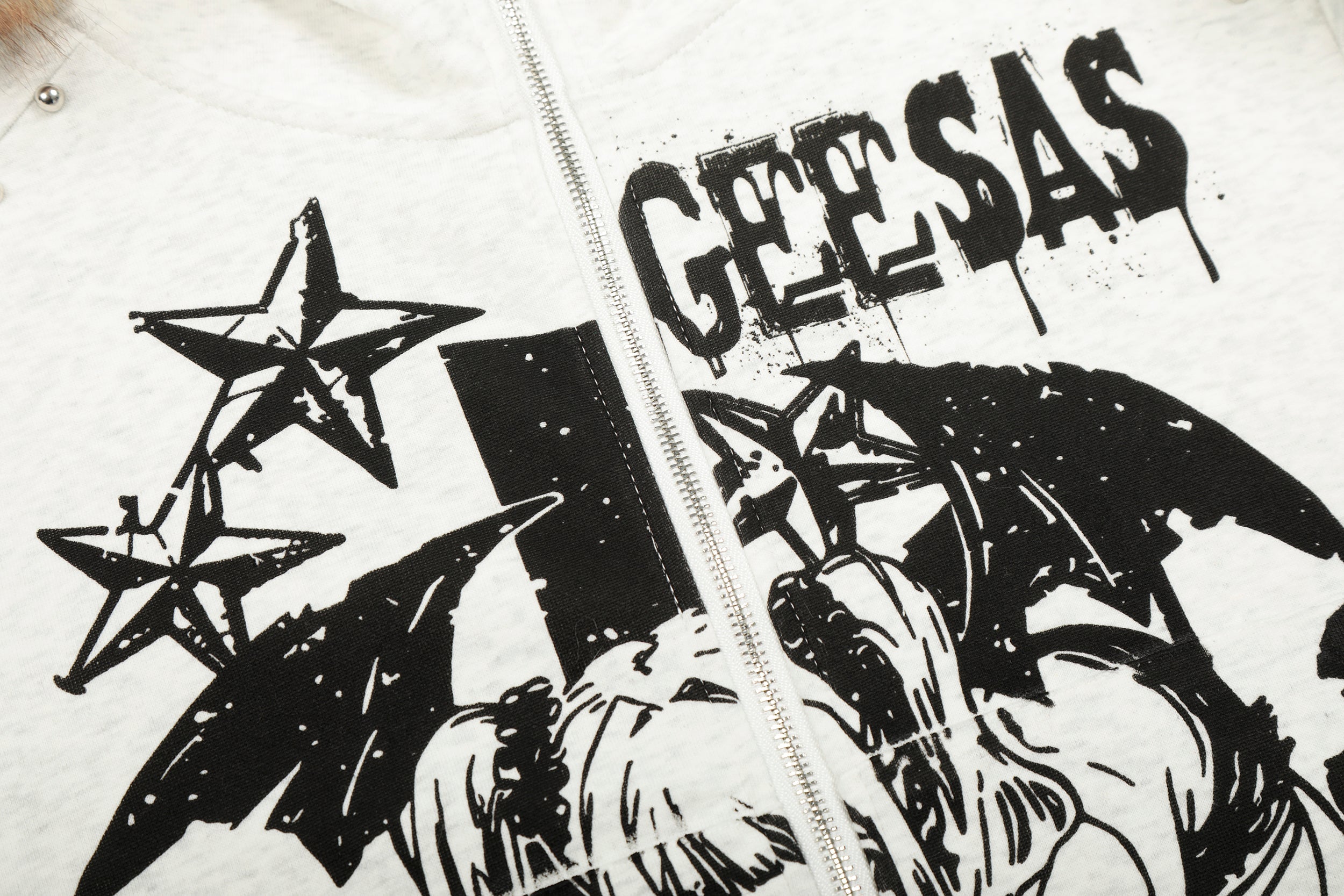 Faux-Fur Collar Anime Graphic Zip Hoodie | Studded Streetwear