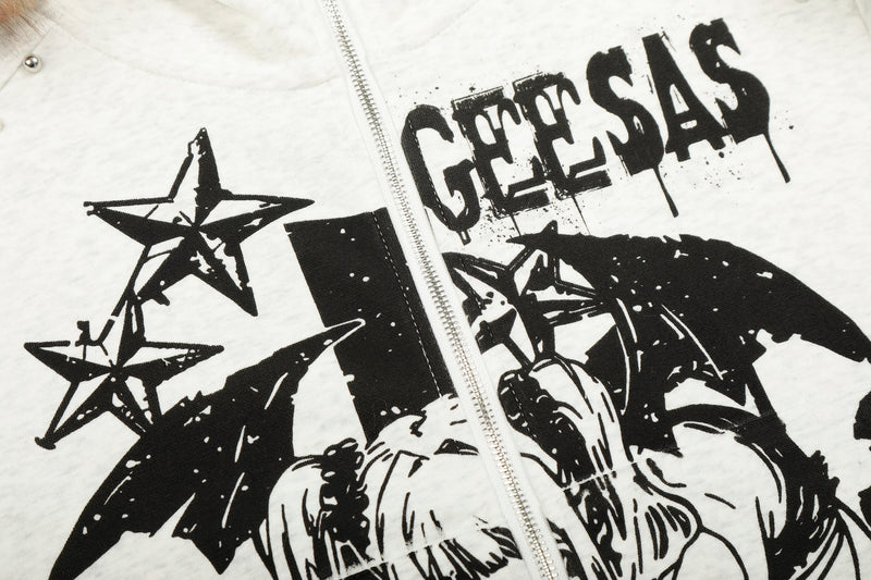 Close-up of white hoodie chest print reading GEESAS with stars and zipper