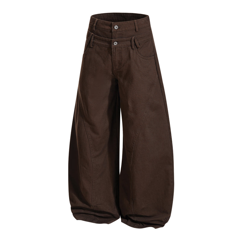 Brown wide-leg pants front view with double waistband and balloon-shaped legs