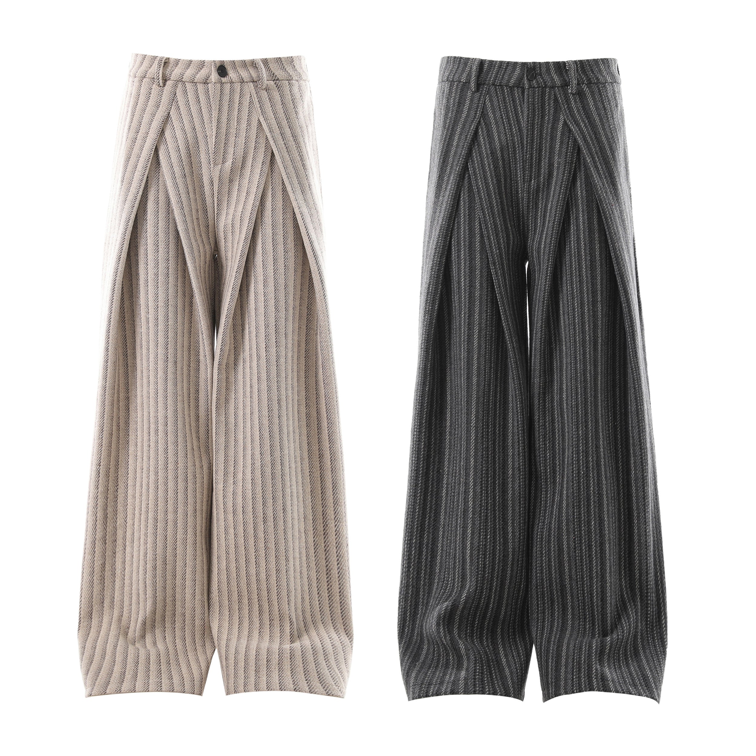 Beige and charcoal striped wide-leg pleated panel trousers with split front design, flat lay on white background