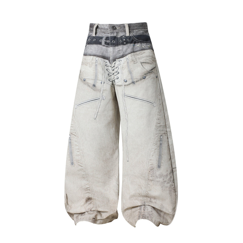 Front view of cream balloon jeans with layered printed waistband and lace-up detail
