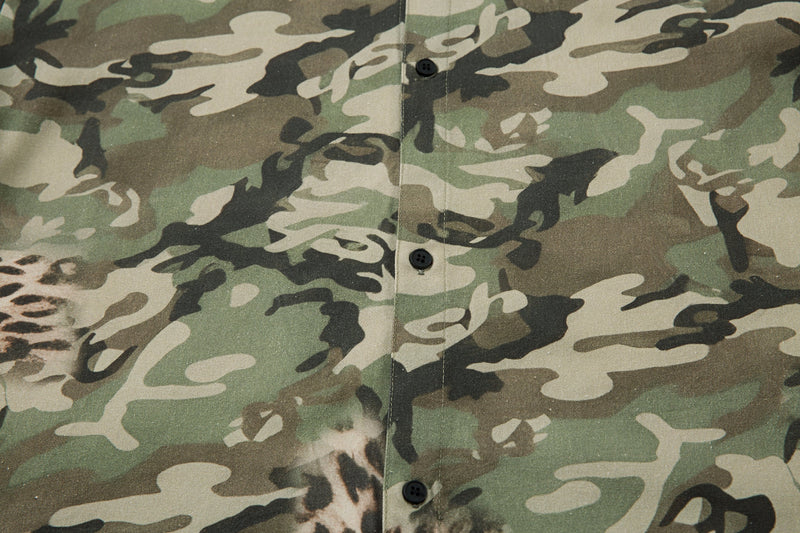 Front placket close-up showing black buttons on camo shirt