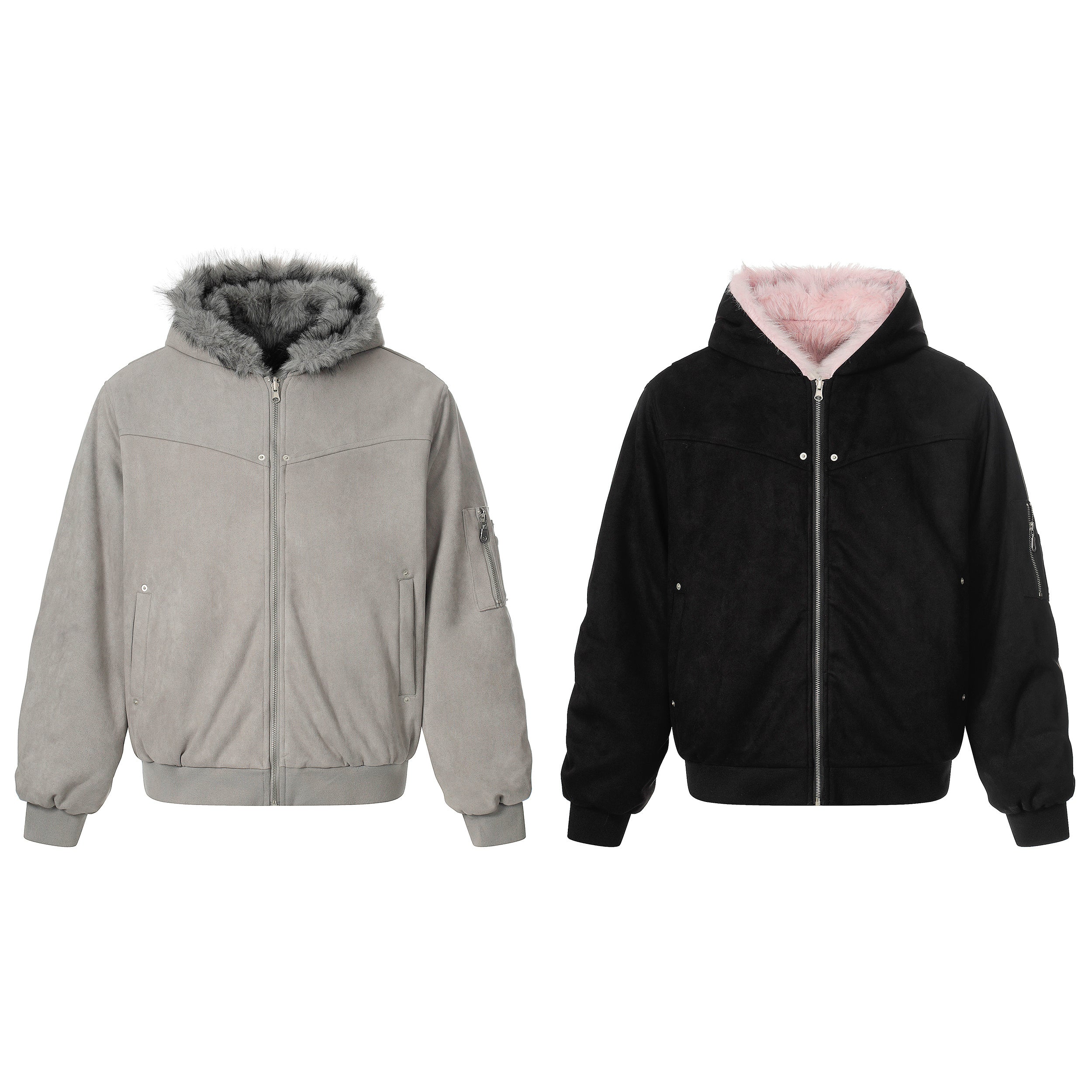 Reversible Faux Fur & Suede Hooded Bomber Jacket