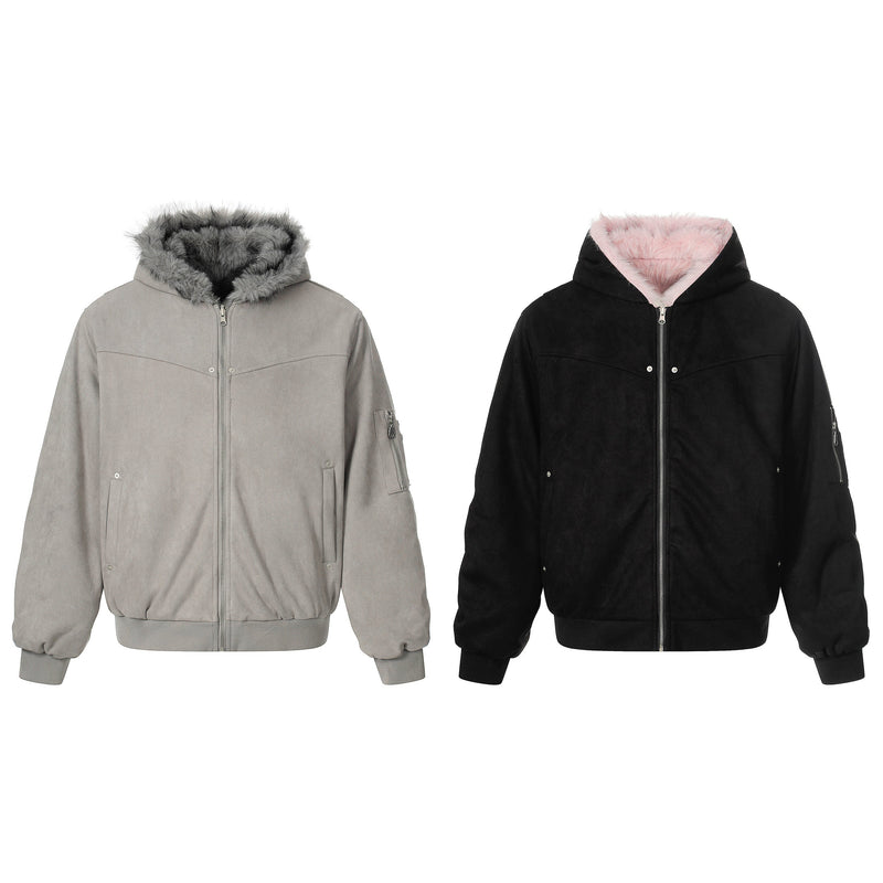 Reversible Faux Fur & Suede Hooded Bomber Jacket