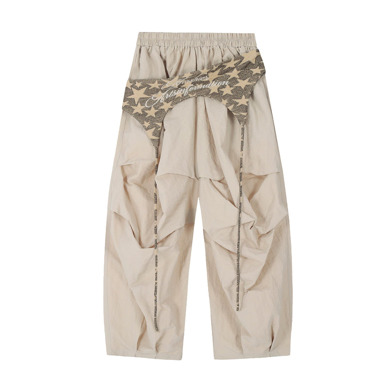 3D Crumple Nylon Wide-Leg Pants with Detachable Overlay