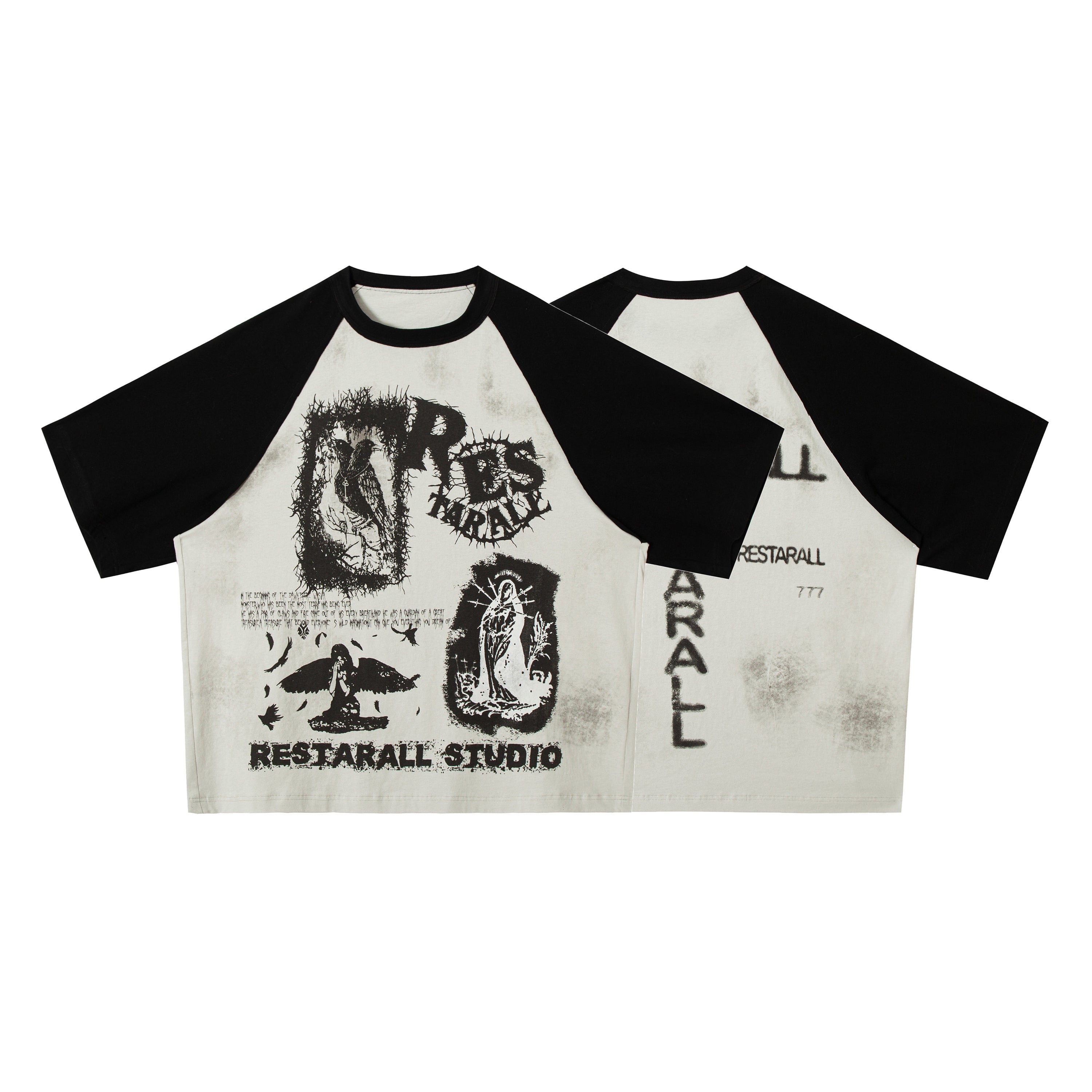 Front and back view of a black and off-white raglan tee with distressed gothic graphic prints by Restarall Studio