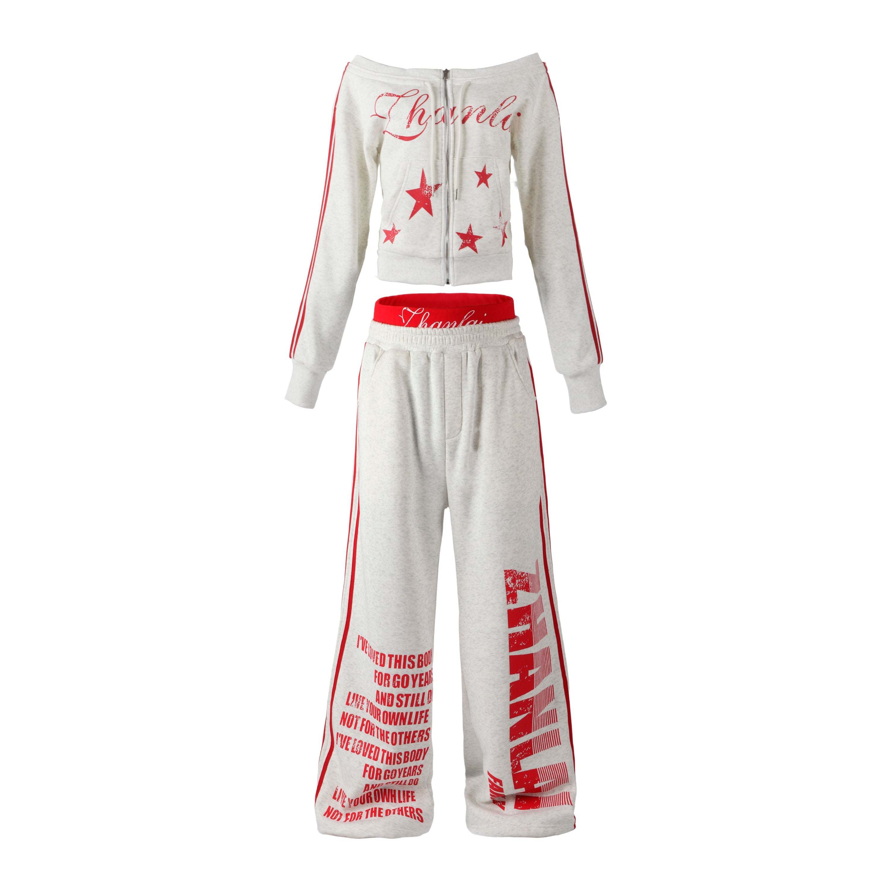Y2K Off-Shoulder Zip Hoodie | Red Star Cropped Sweatshirt
