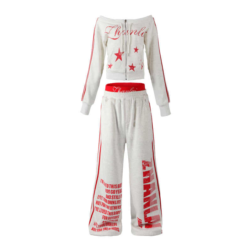 White cropped hoodie and wide-leg pants set with red star graphics, front view
