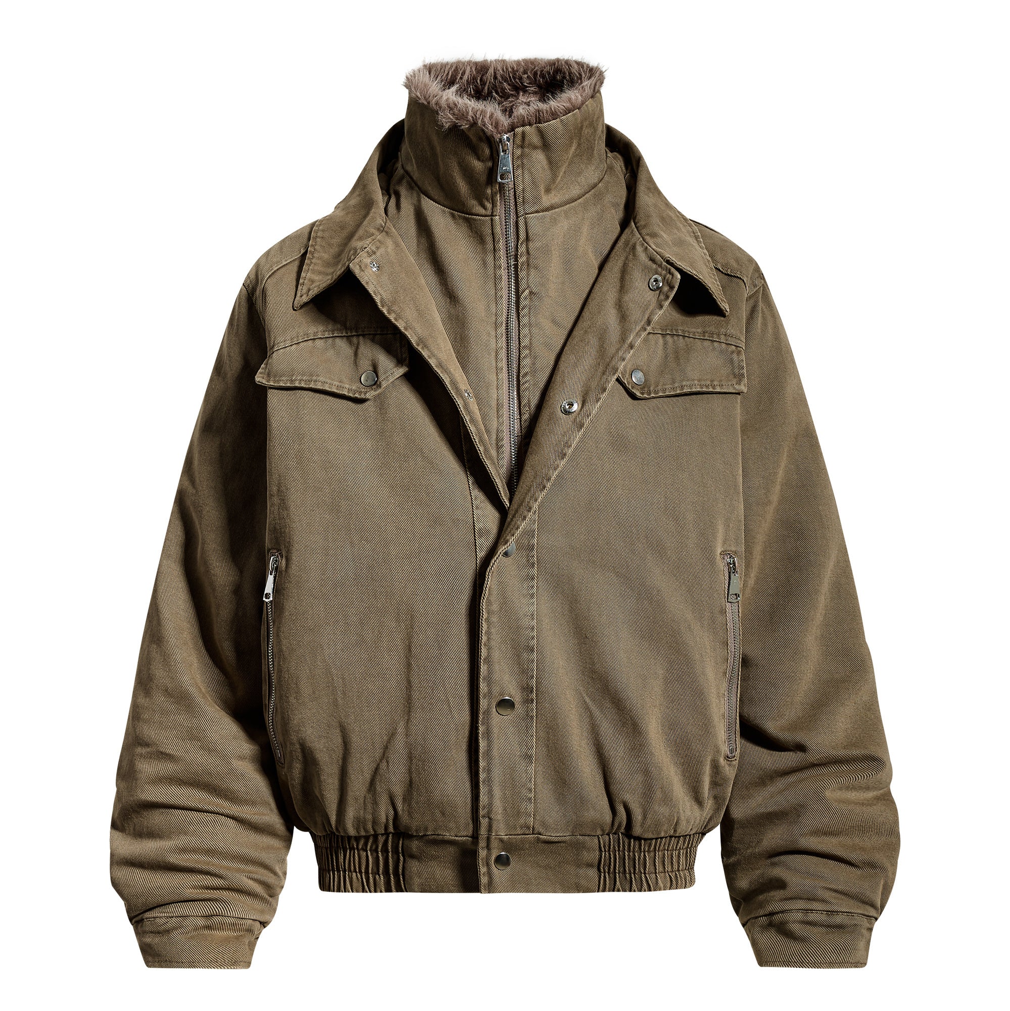 Omirad Layered Utility Bomber Jacket with Faux Fur Collar