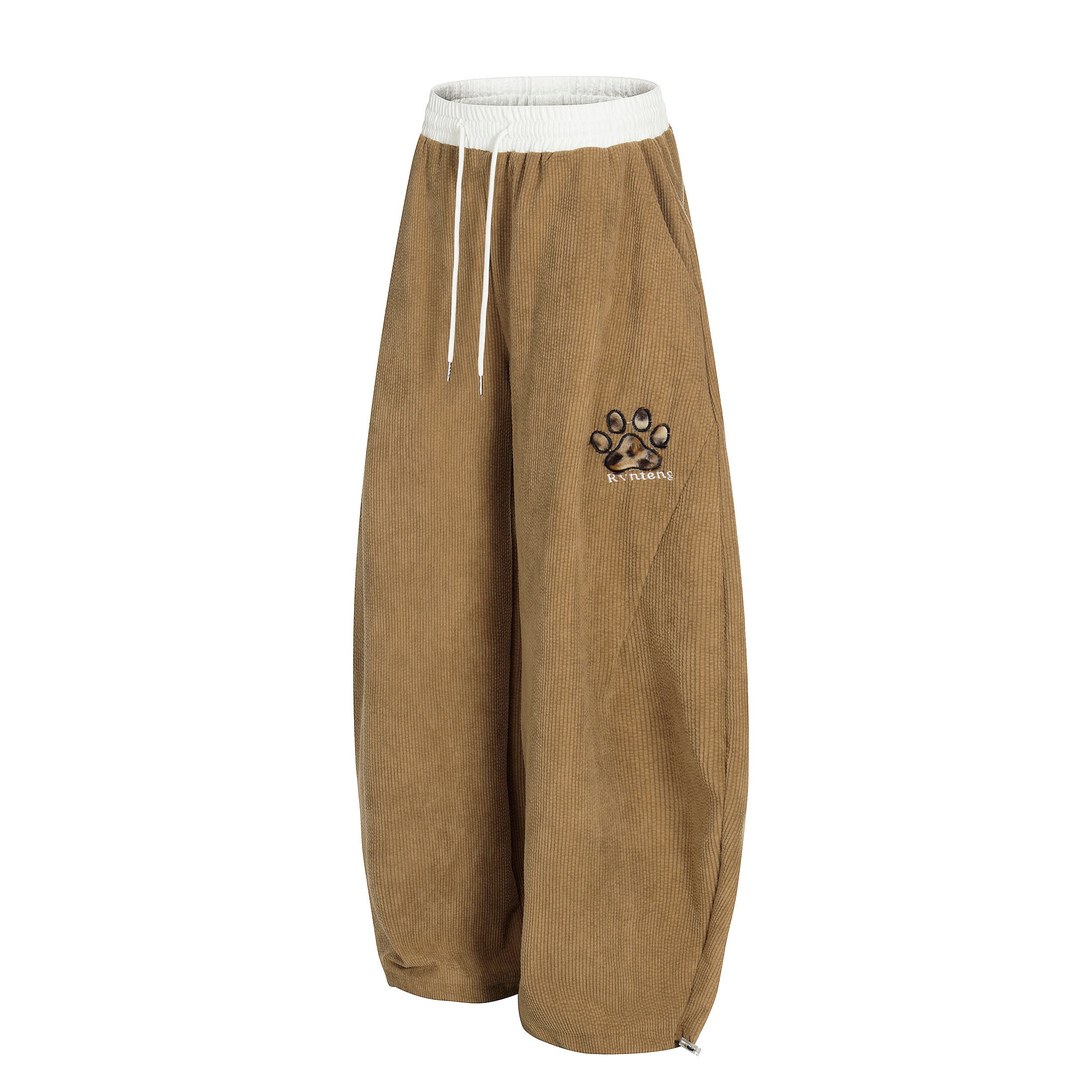 Corduroy Paw Embroidered Barrel-Leg Pants | Streetwear