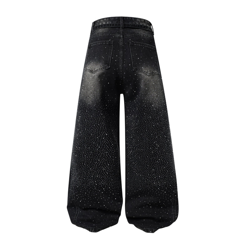 Back view of black wide-leg jeans with rhinestone speckles and patch pockets