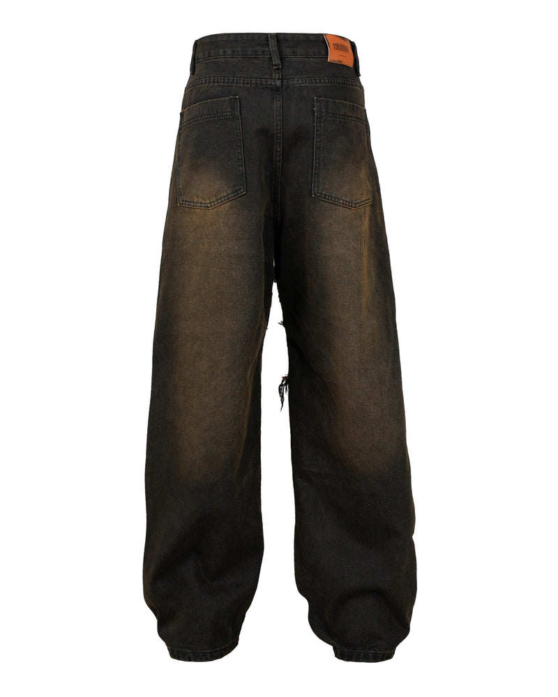 Spiral-Tear Grunge Wide-Leg Denim Jeans | Distressed Streetwear