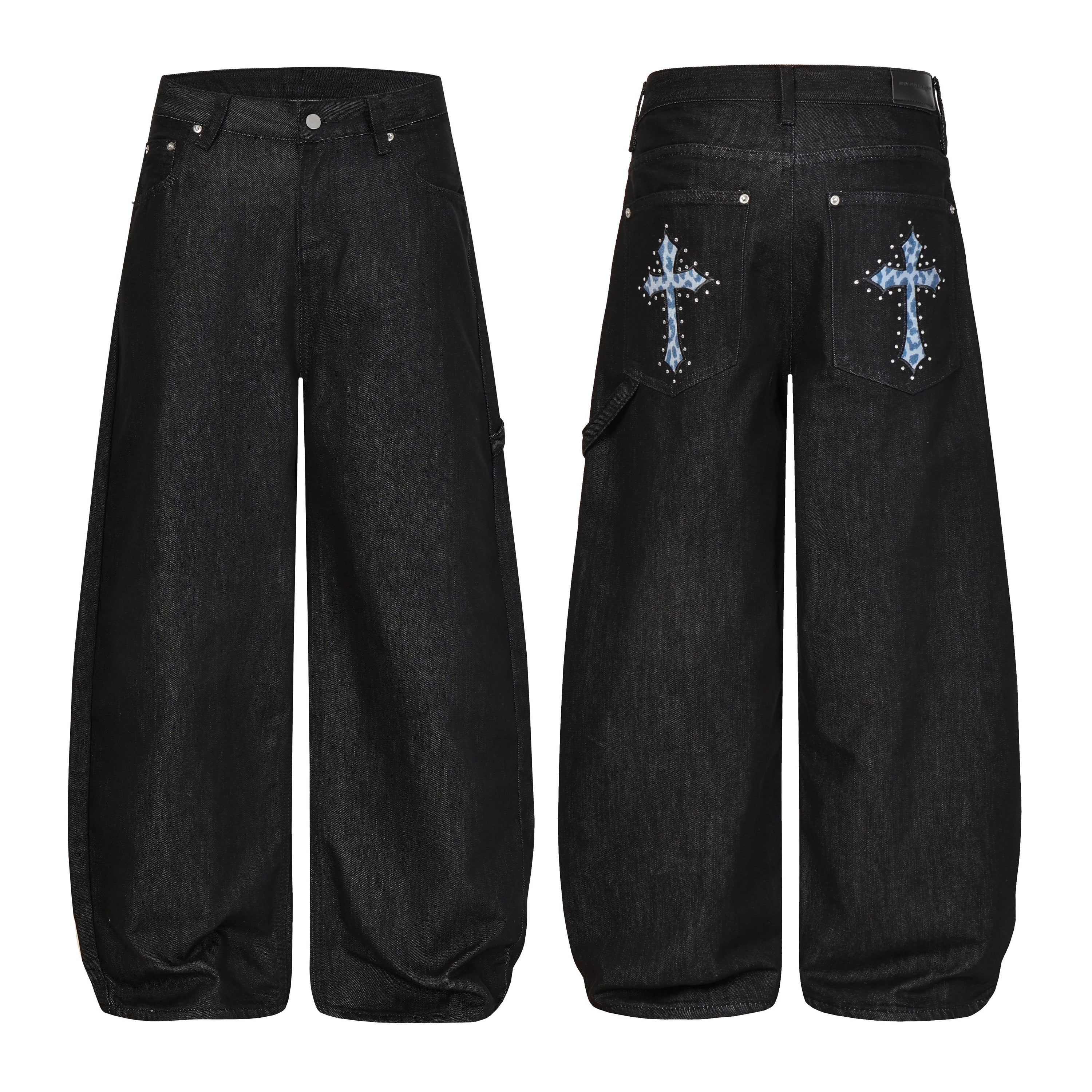Front and back view of black wide-leg jeans with blue cross rhinestone graphics on back pockets