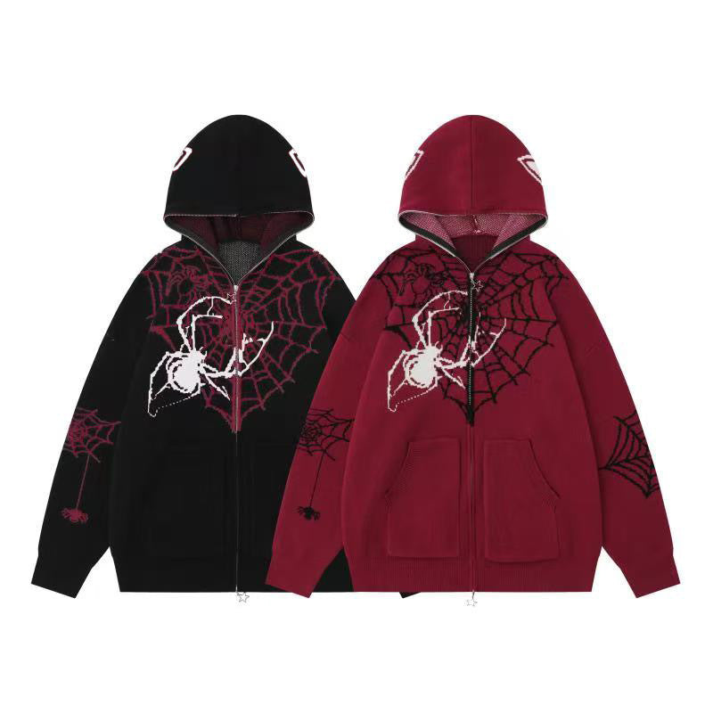 Black oversized knit zip hoodie with dark red jacquard spider web and white spider graphic on chest and sleeves