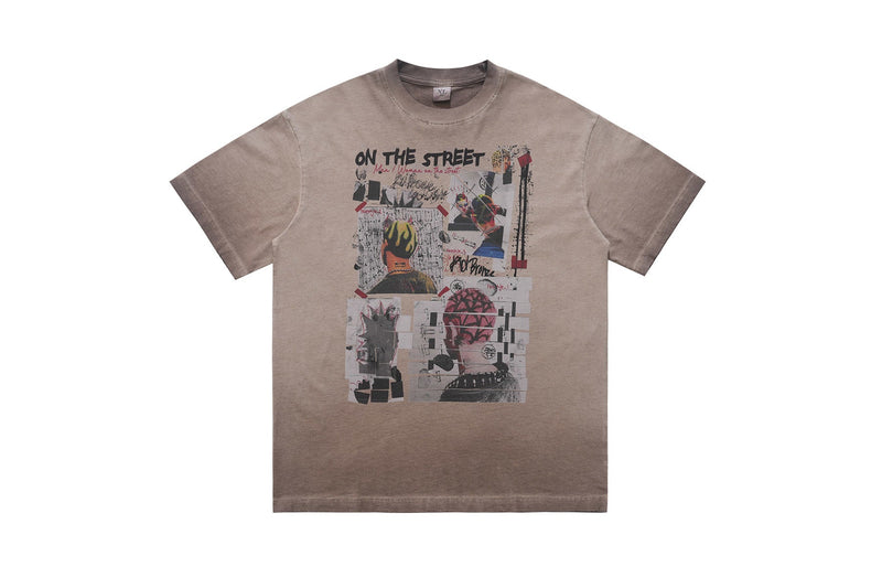 Vintage wash beige graphic tee with street-style collage print and oversized photo artwork on the front