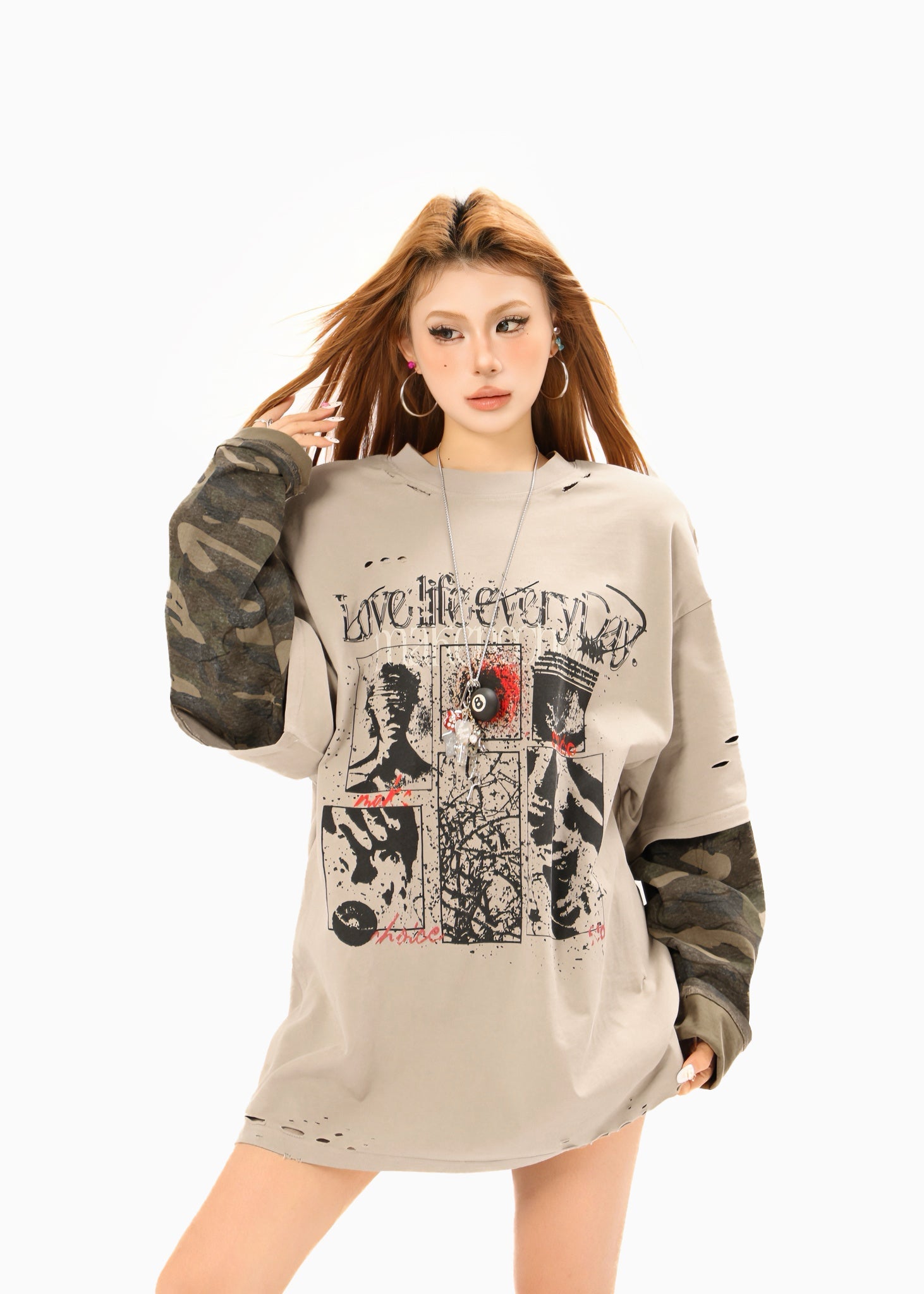 Omirad Layered Camo-Sleeve Distressed Graphic Tee | SEAKOFF