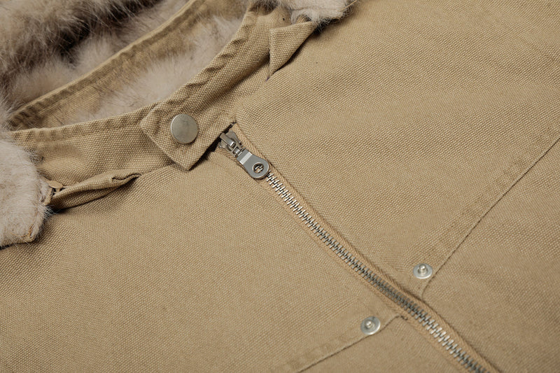 Detachable Fur Collar Washed Workwear Bomber Jacket
