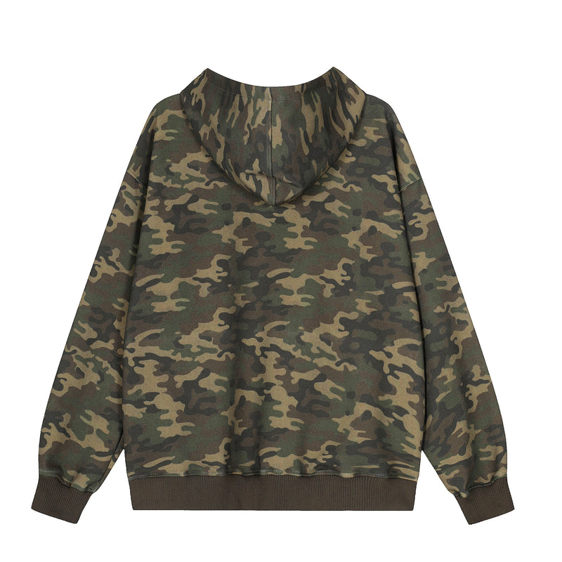 Back view of camo half-zip hoodie with brown ribbed hem and cuffs