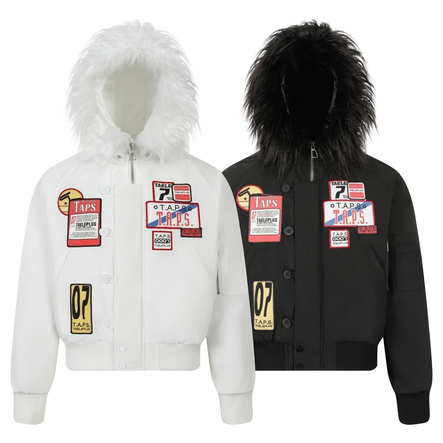 White faux fur hooded bomber jacket with embroidered T.A.P.S. badge patches on chest and sleeves, front view