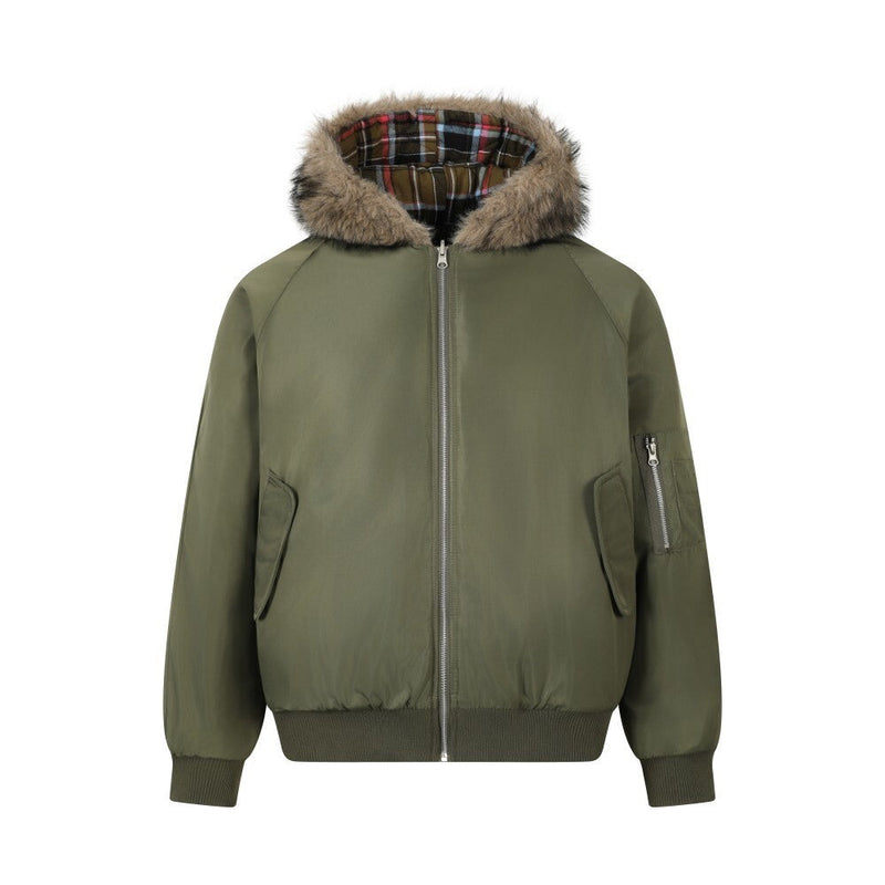 Reversible Plaid Faux Fur Hooded Bomber Jacket | Military Green