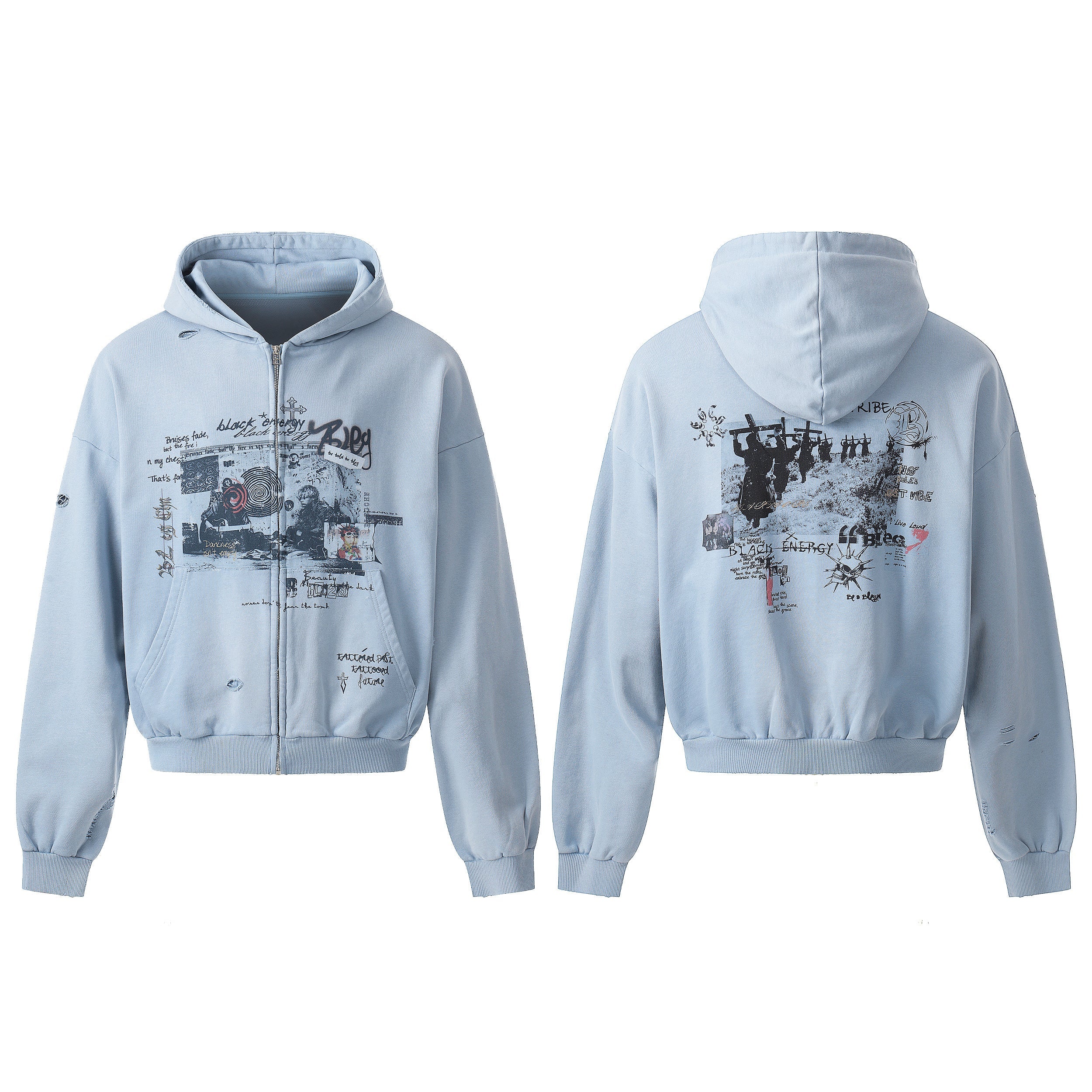 Front and back view of a light blue zip-up hoodie with collage graphics, hand-drawn text, and distressed accents