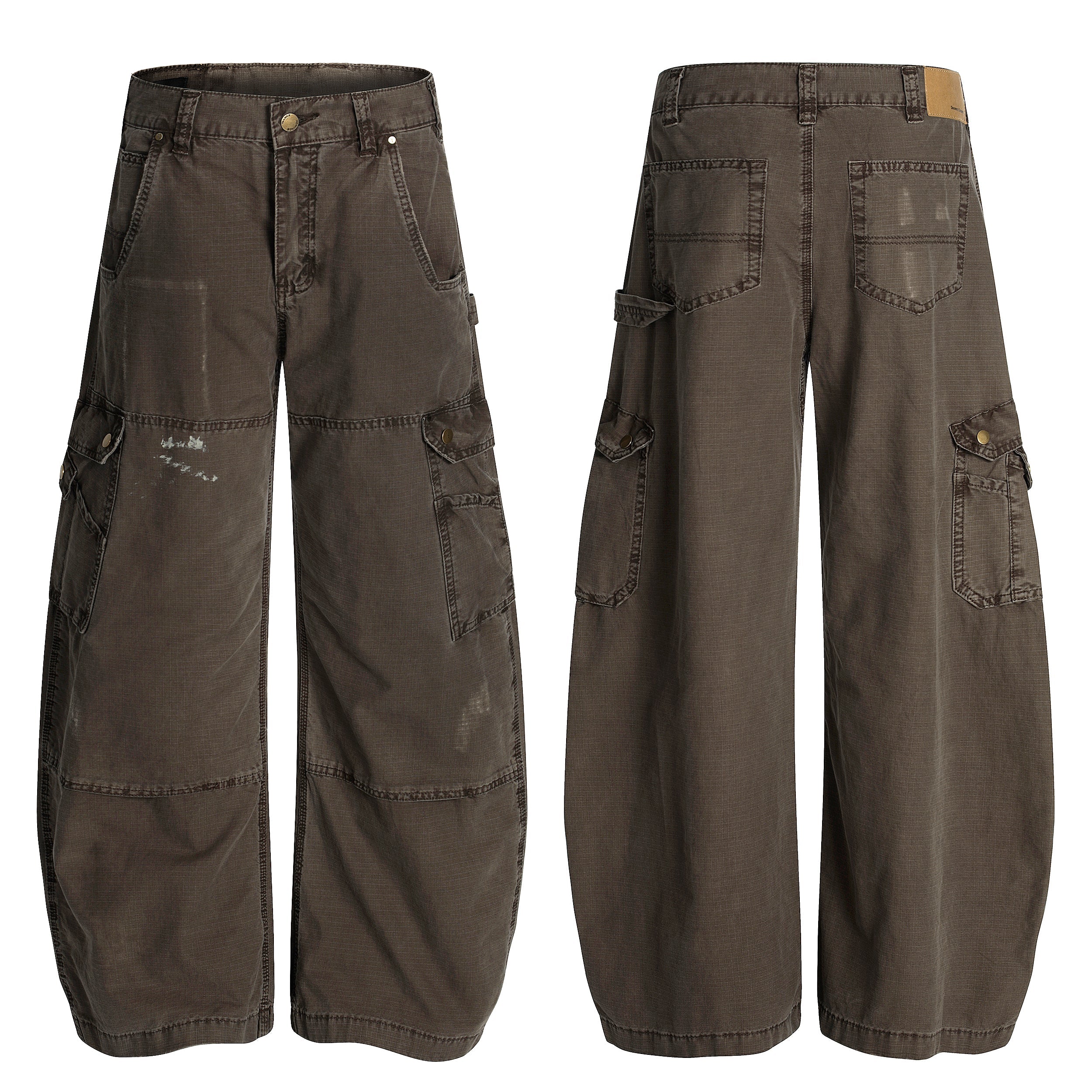 Front view of dark brown wide-leg distressed cargo pants with multiple snap-pocket details and reinforced panel stitching