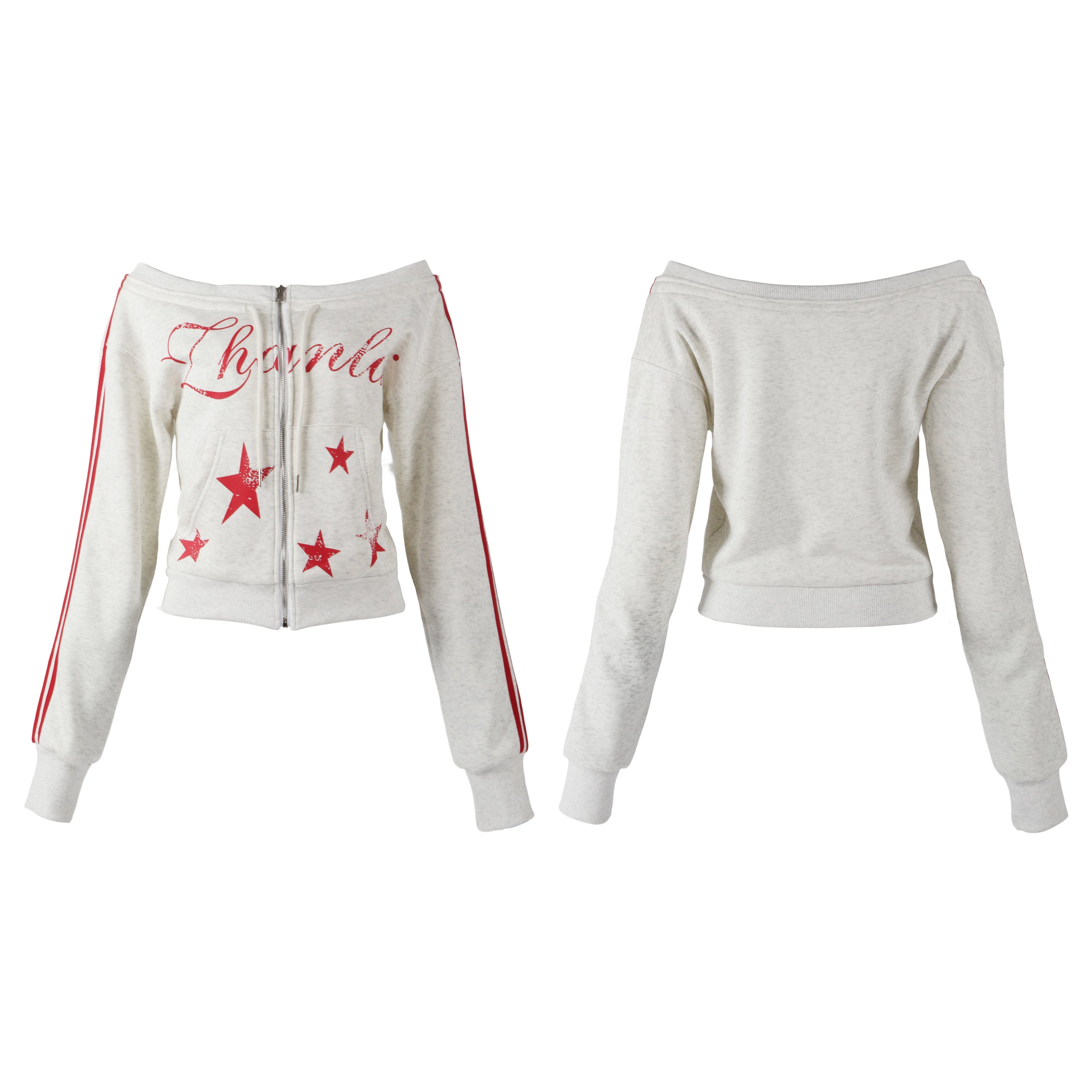 White cropped off-shoulder zip hoodie with red distressed star prints, script lettering, and red double sleeve stripes, shown