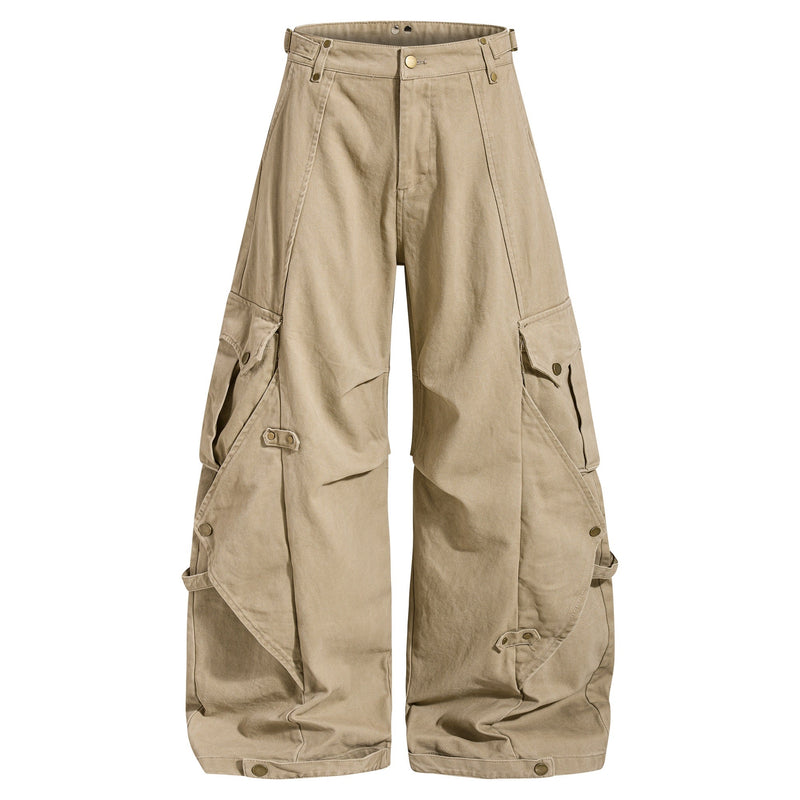 Front view of khaki wide-leg cargo pants with snap belt tabs and flap cargo pockets