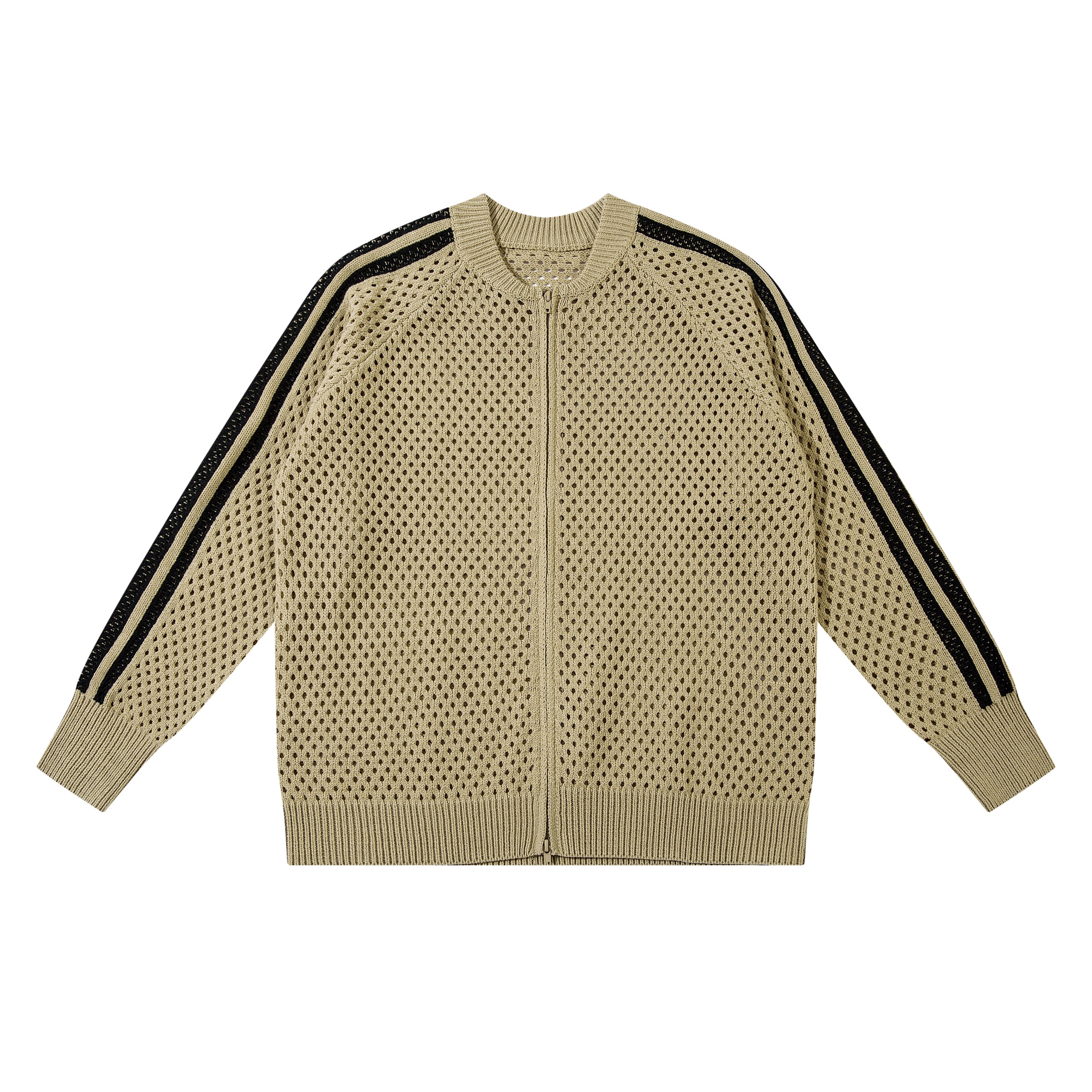 Khaki open-knit mesh zip-up jacket with black contrast racing stripes along the sleeves, front view