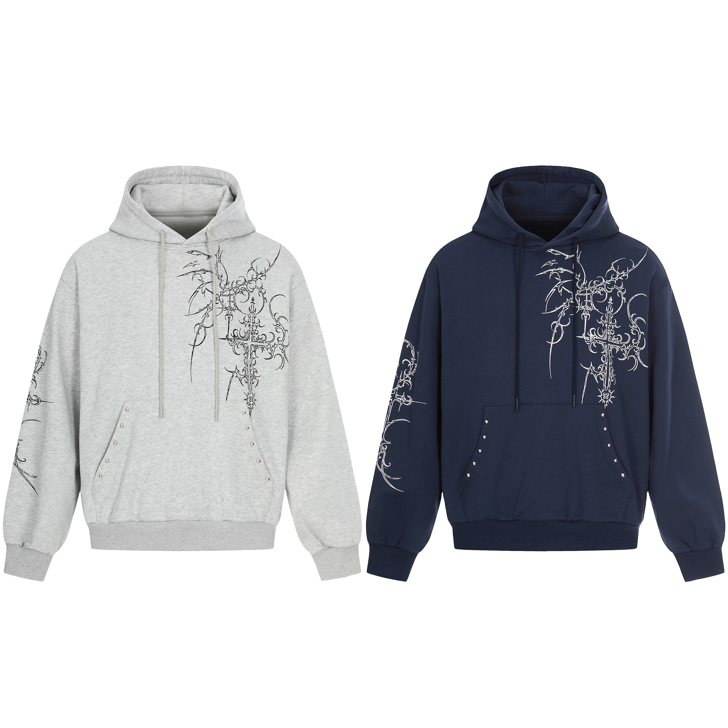 Heather grey oversized pullover hoodie with intricate gothic cross line graphic on chest and sleeve, metal rivet pocket detai