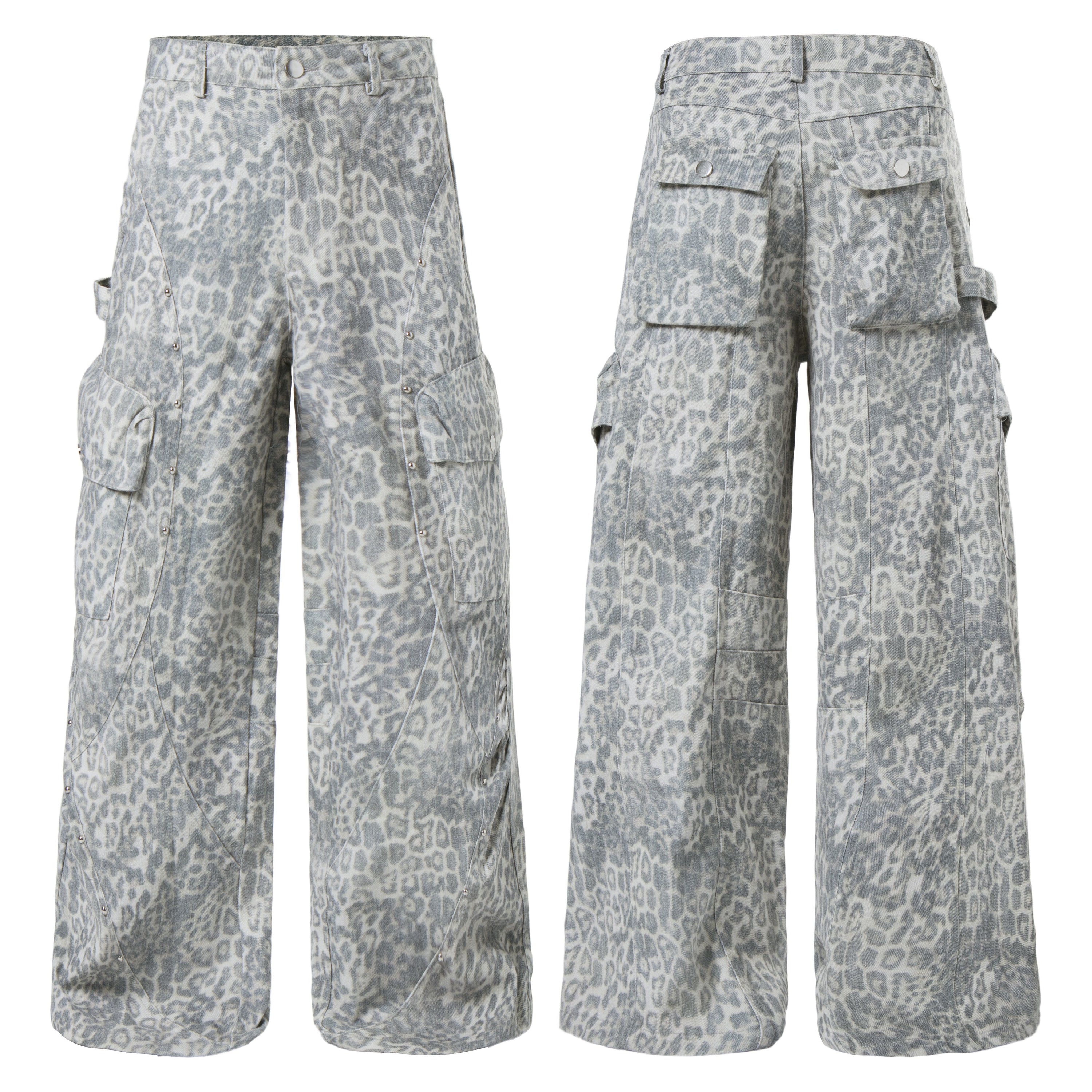 Front and back view of grey leopard print wide-leg cargo pants with metal rivet accents and flap pockets