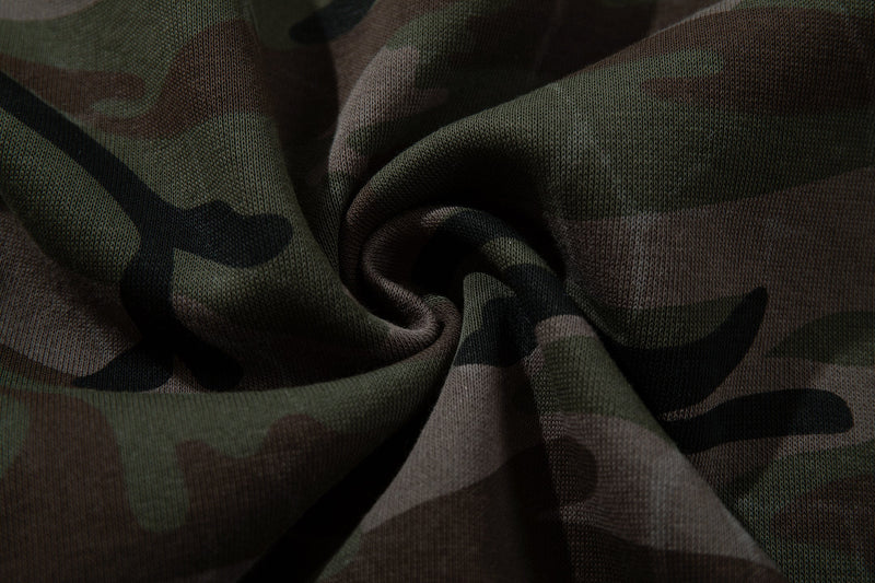 Close-up of folded camouflage knit fabric texture